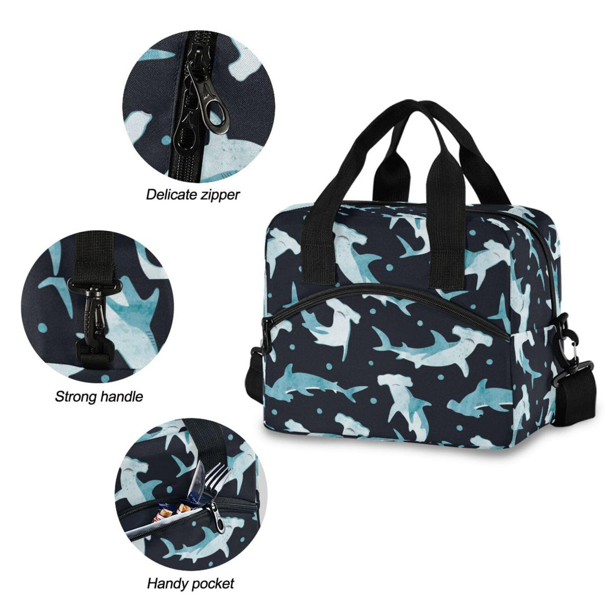 PJGINUIUA Lunch Bag for Women Men Lunchbox Organizer, Hammerhead Shark Leakproof Lunch Cooler Tote with Shoulder Strap for Kids Adult Insulated Thermal Bag for Work School Picnic Beach