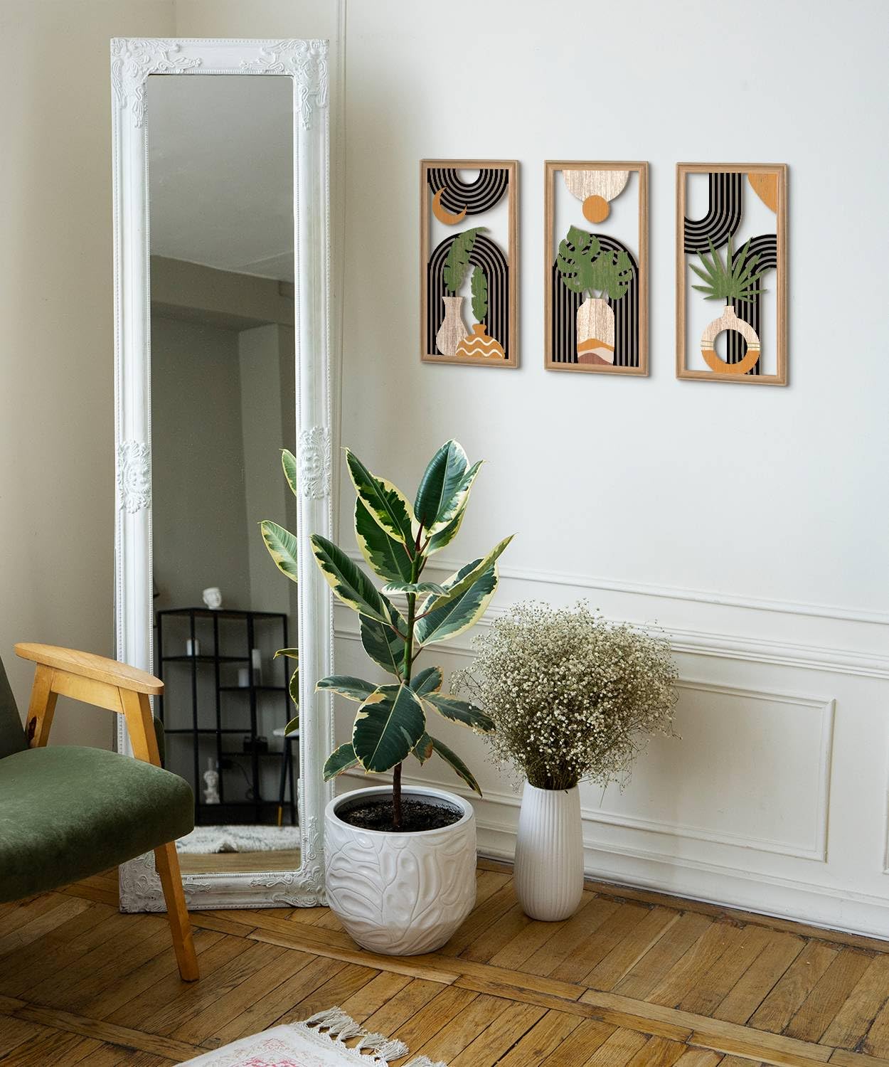 Putuo Decor Boho Abstract Wall Art Set of 3, Modern Minimalist Wooden Wall Decor, Geometric Aesthetic Botanical Artwork, Mid-Century Modern Design for Living Room, Bedroom, Office, Black 16.5 x 8.6