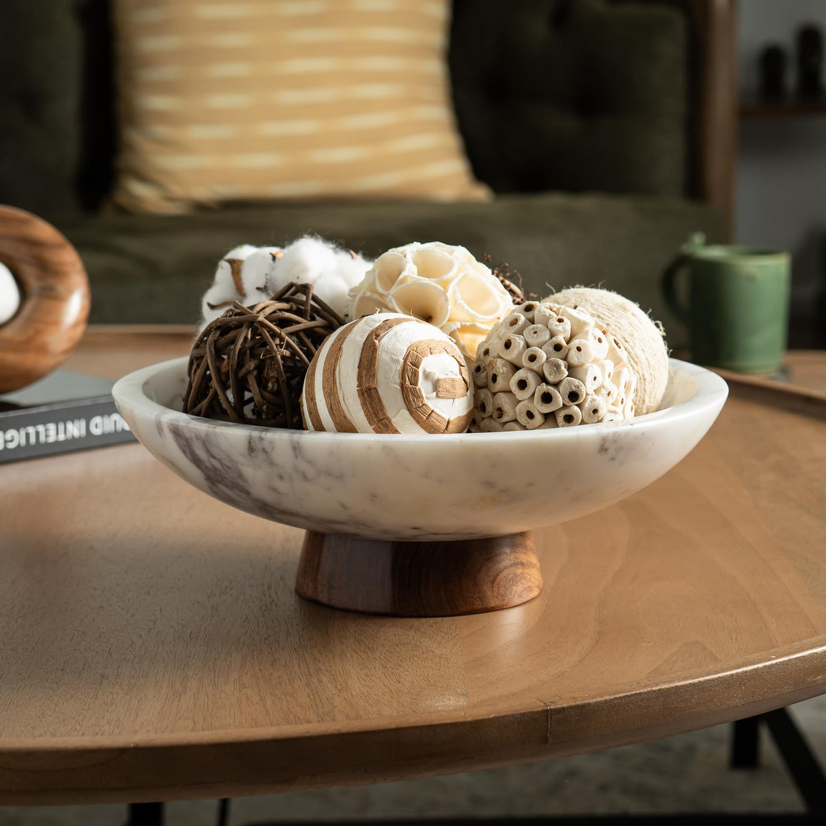 Cork & Mill Marble Decorative Bowl for Home Decor - Handcrafted Natural Stone with Acacia Wood Pedestal - Versatile 11" Catch All for Entryway, Kitchen Fruit Bowl, Potpourri, Dining Table Centerpiece