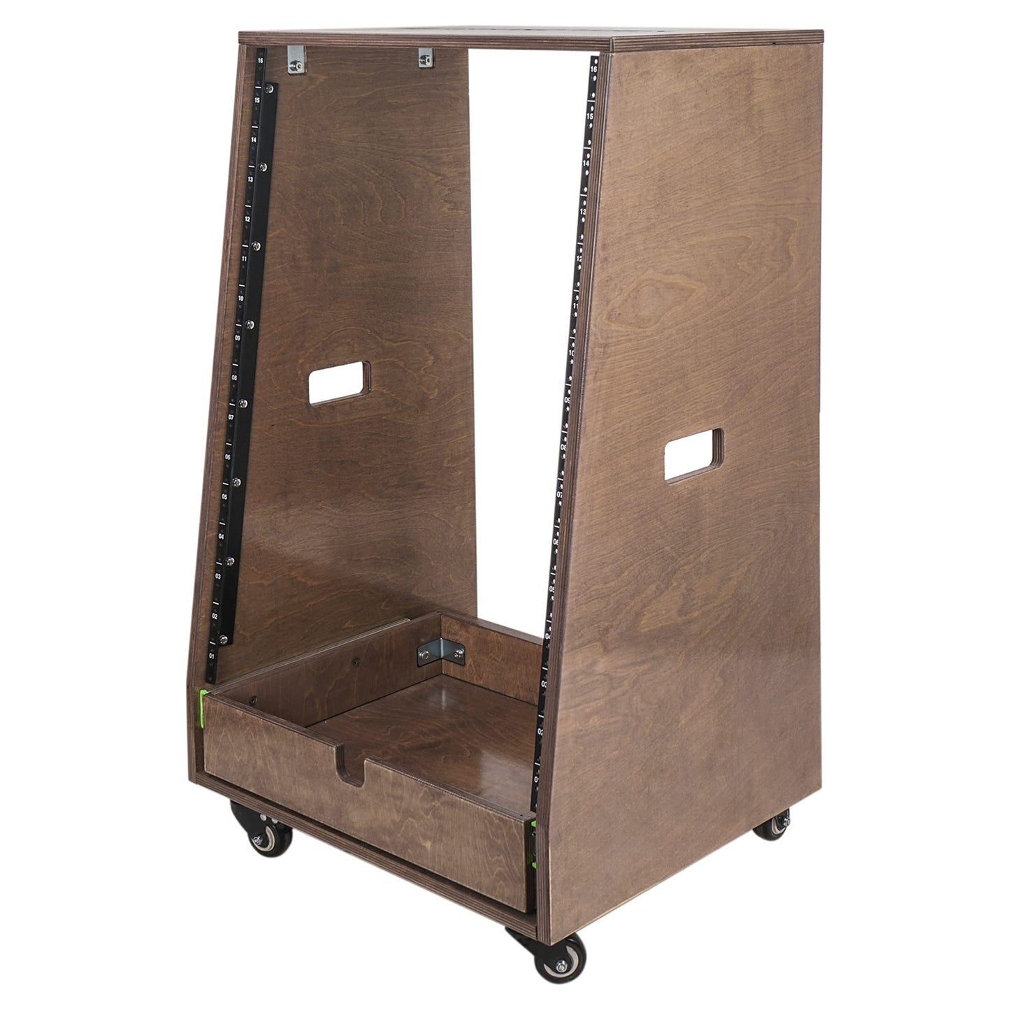 Sound Town 16U DIY Solid Baltic Birch Plywood Slanted Studio Rack with 16U Rack Space, Extra 2U Drawer, Rubber Feet, Casters, Weathered Brown (SDRK-16TBD2)