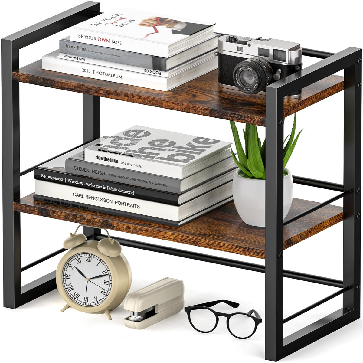 ART-GIFTREE Office Desk Shelf Organizer, Wood Desktop Bookshelf Supplies Storage Rack, Shelf for Top of Desk and Dresser (Brown-2 Tier)