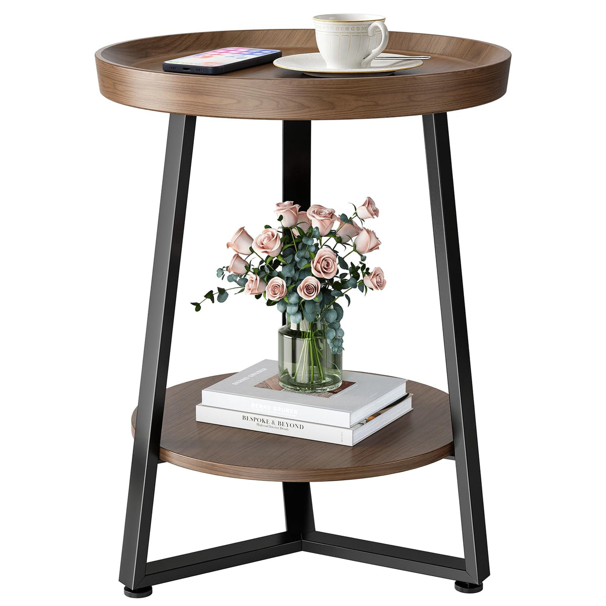 Round End Table, 2-Tier Tray Top Side Tables with Storage Shelf, Ultra Stable Coffee end Table/Nightstand, Modern Farmhouse Couch Table for Living Room, Bedroom, Bedside Stand or Small Spaces, Walnut