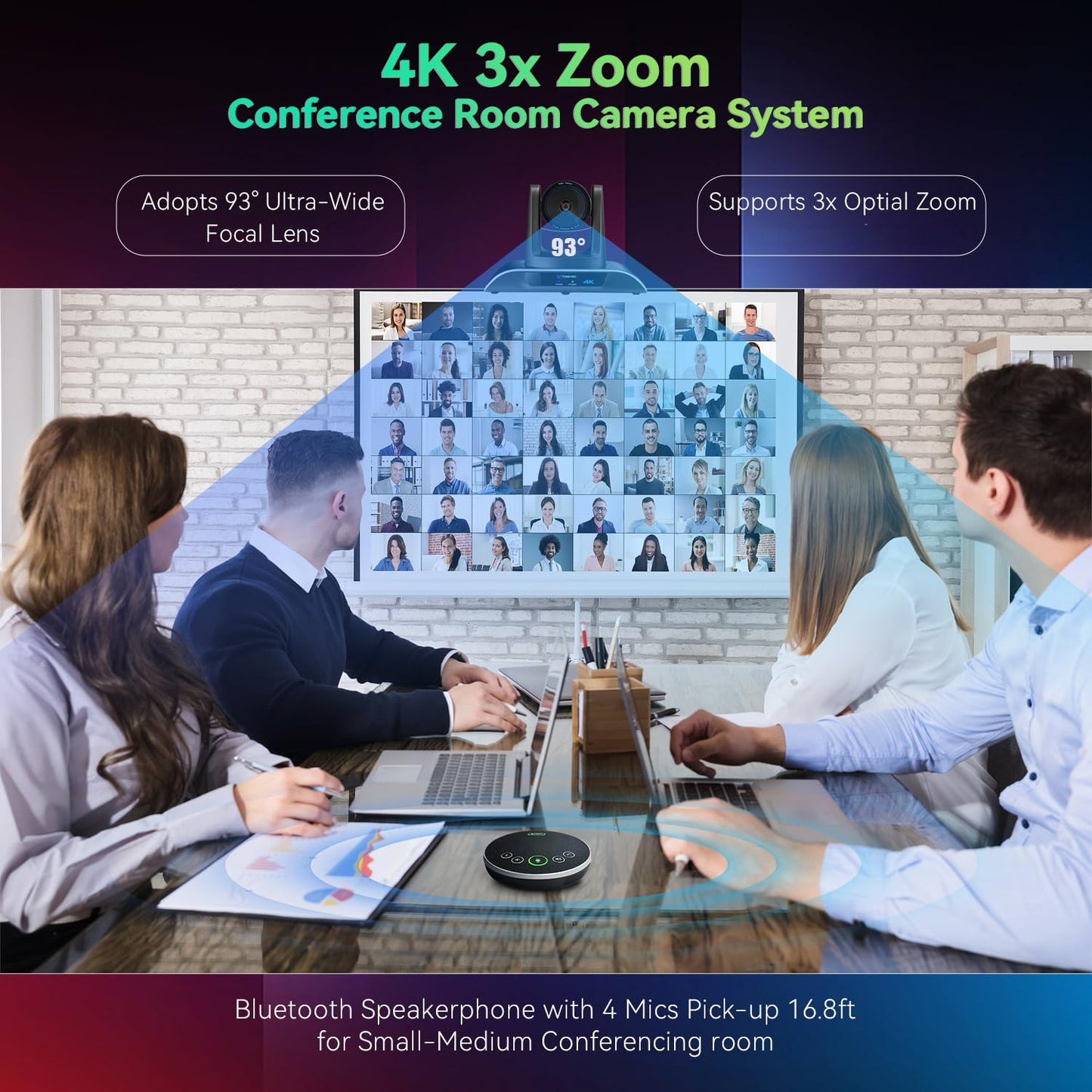 4K Conference Room Camera System AI Auto-Tracking 4K PTZ Camera 3X Optical Zoom USB3.0 HDMI Outputs and Bluetooth Speakerphone with Mics for Conferencing Worship Church Education Medical