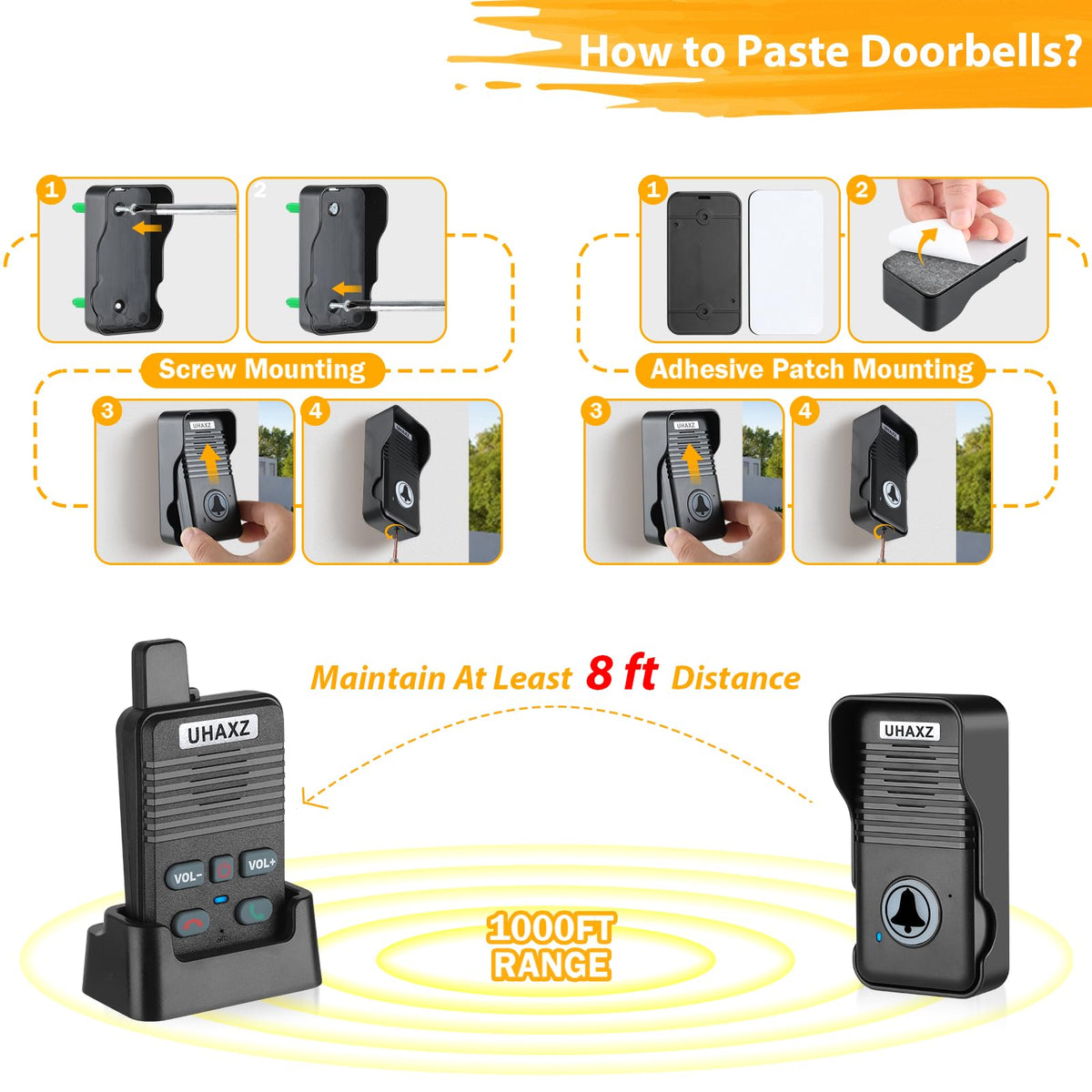 Wireless Doorbell, Full Duplex Doorbell Wireless, 1000ft Long Range, Hands-Free Intercom Door Bell 2 Way Communication, 4 Chimes 8 Volume Levels, Intercoms Wireless for Home House(Black)