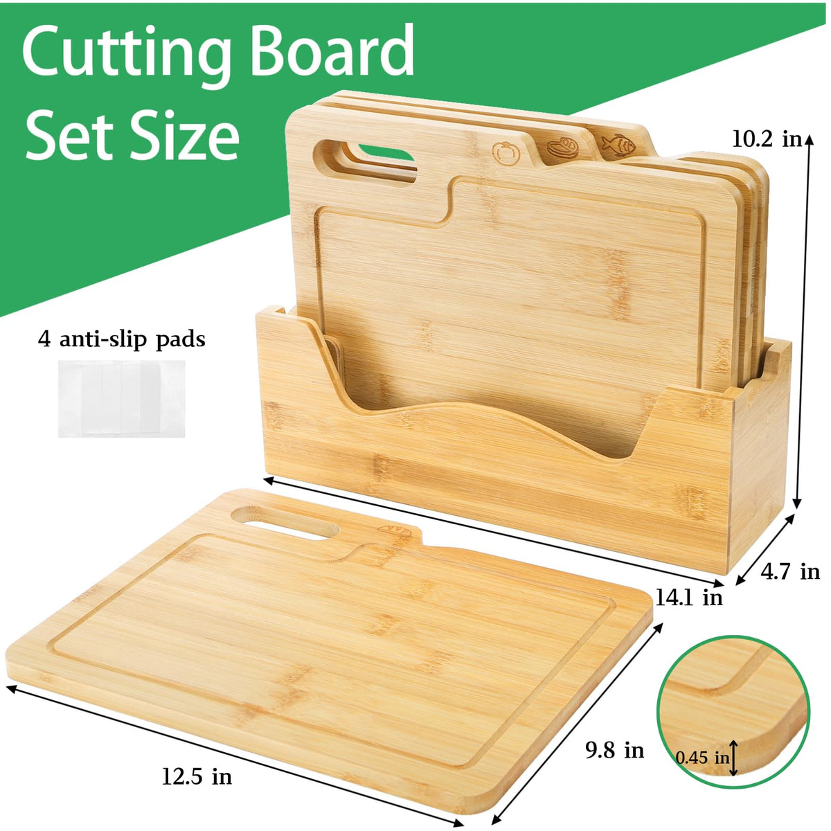ZENFUN 4 Pack 12.5"L x 9.8"W Bamboo Cutting Boards with Holder, Wood Cutting Board Set, Chopping Boards Set with Food Icons, Kitchen Cutting Board Ideal for Meat, Fish, Bread, Vegetable, Fruit