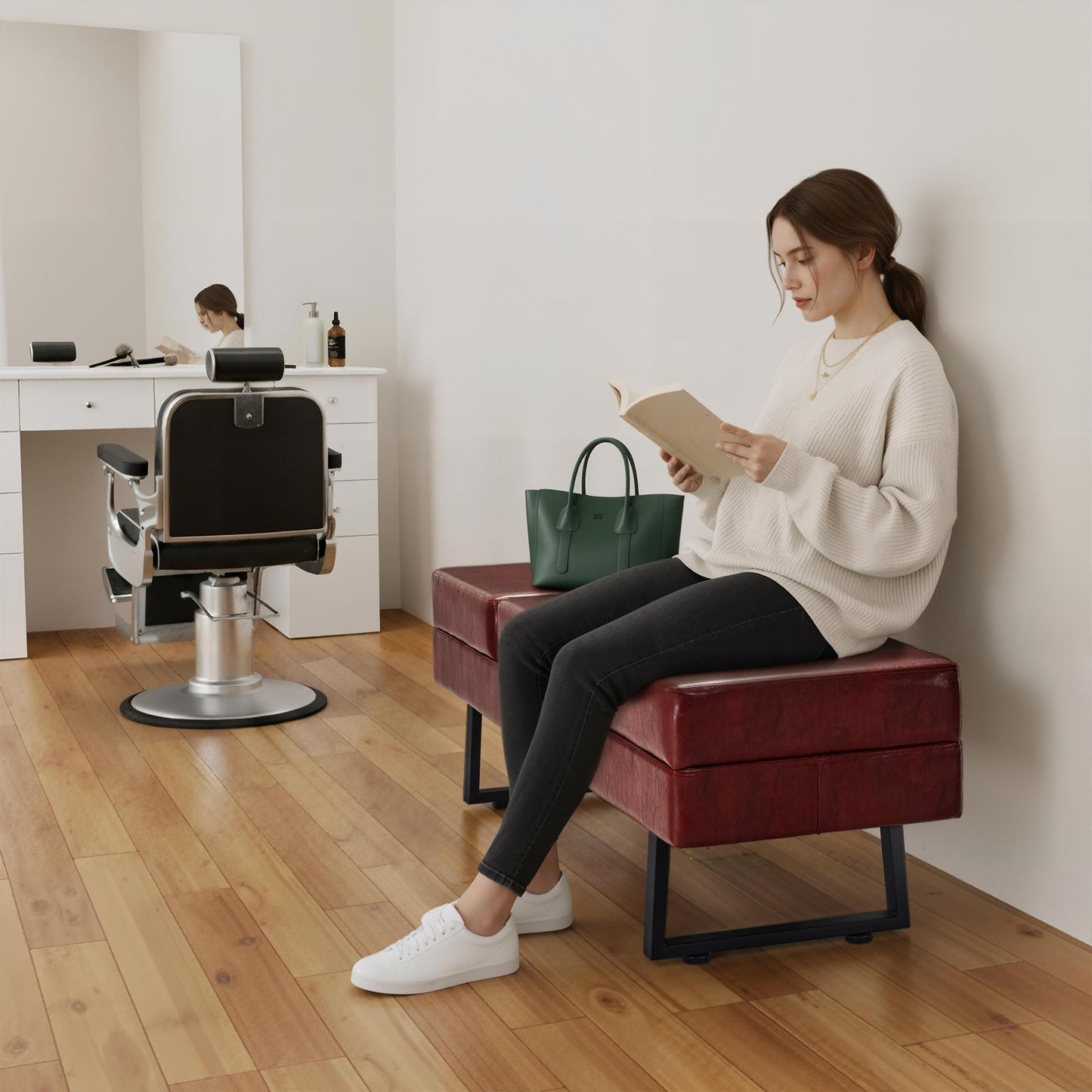 BarberPub Waiting Room Chairs, Heavy Duty Office Guest Reception Bench, Faux Leather Upholstered Lobby Chairs for Salon, Conference Room 7008 (Burgundy)