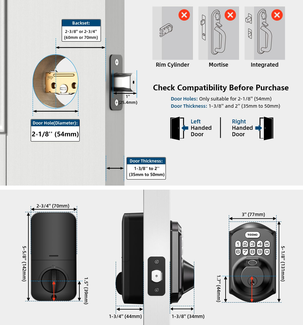 TEEHO TE002 Fingerprint Door Lock - Keyless Entry Electronic Keypad Deadbolt with 2 Backup Keys - Auto Lock - Easy Installation - Smart Locks for Front Door - Matte Black