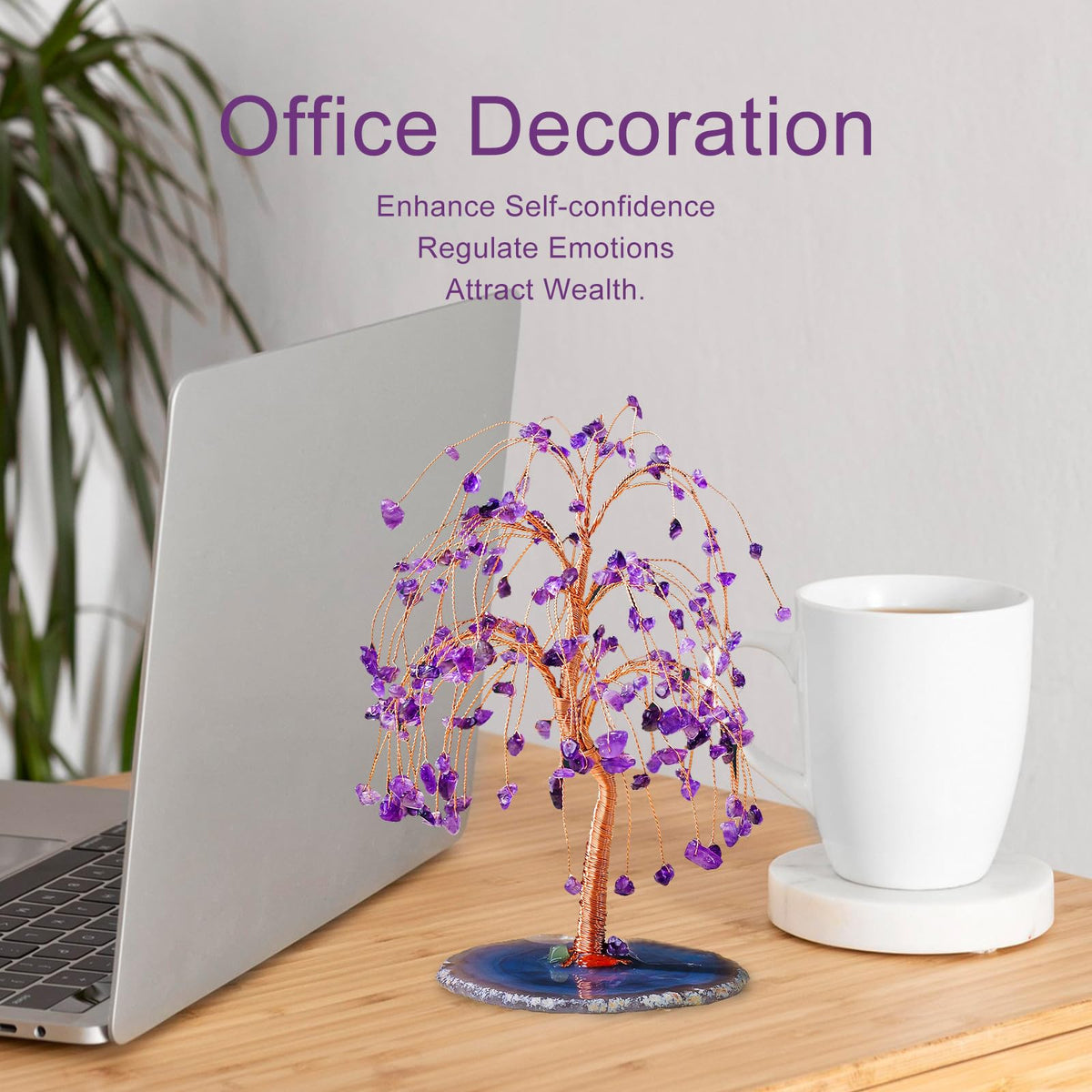 Runyangshi Natural Amethyst Crystal Tree of Life Handmade with Copper Wire - 7-8" Healing Crystals Gemstone Willow Tree Geode Agate Slices Base for Home Decor, Feng Shui Gifts, Office Desk Ornament