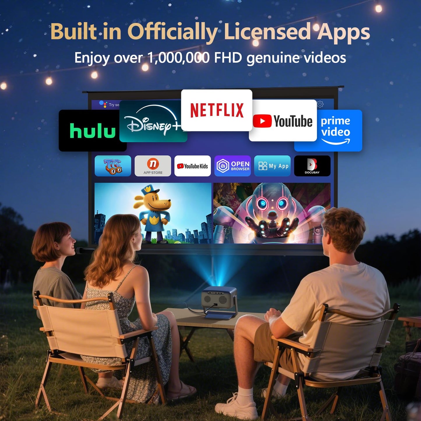 [3500 ANSI/ Official Apps/65W Audio] Outdoor 4K Projector with WiFi and Bluetooth, Auto Focus, Auto Keystone Smart Projector Support DoIby Audio, 2026 Upgrade GO2 Short Throw Projector with 360°Stand