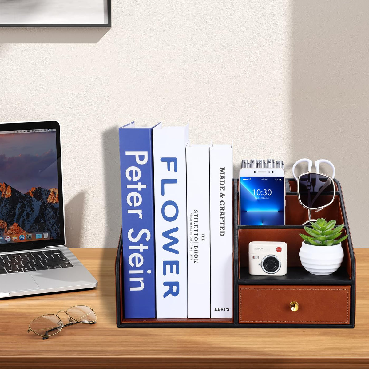 GORESE PU Leather Desk Organizer with Magazine File holder, Drawer and 4 Compartments, Office Workspace Organizers and Accessories, Large Desktop Organization with File Rack Pen Holder - Tan Brown