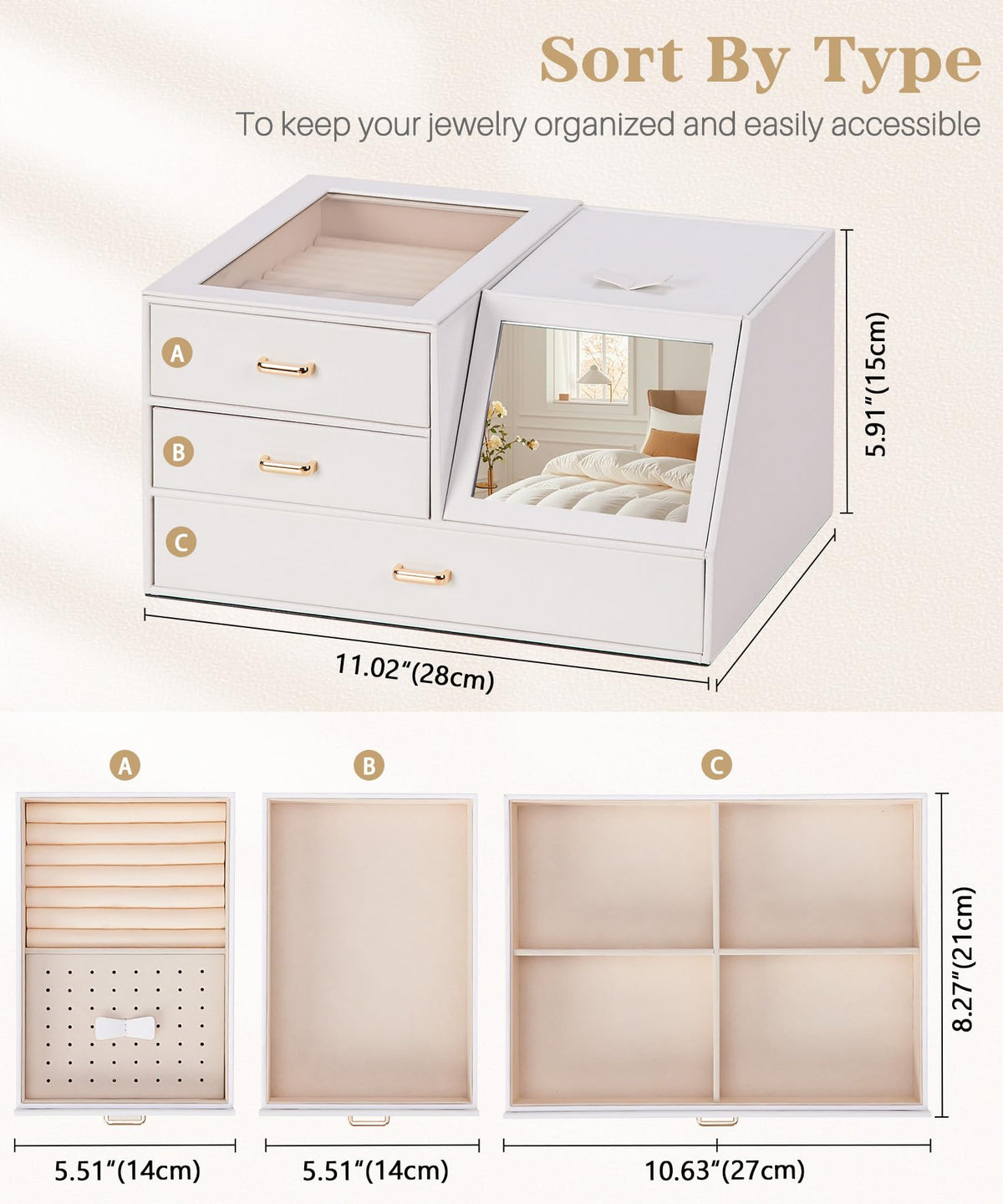 Homde Women Mirror Jewelry Box: Organizer Case with Clear Lid for Ring Necklace Earring - Gift for Young Women (White)