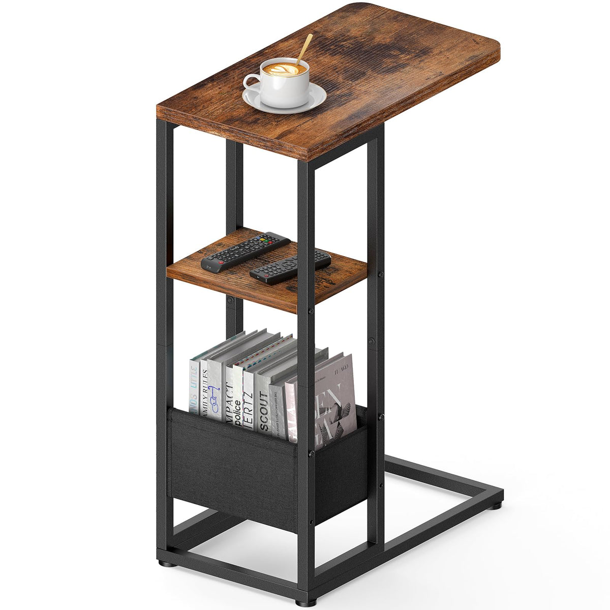 Yuede C Shaped End Table, Small Side Table for Couch, Recliner, Slide Under Sofa Tray Desk Snack Tables with Storage Bag for Living Room,Bedroom, Small Spaces - Rustic Brown