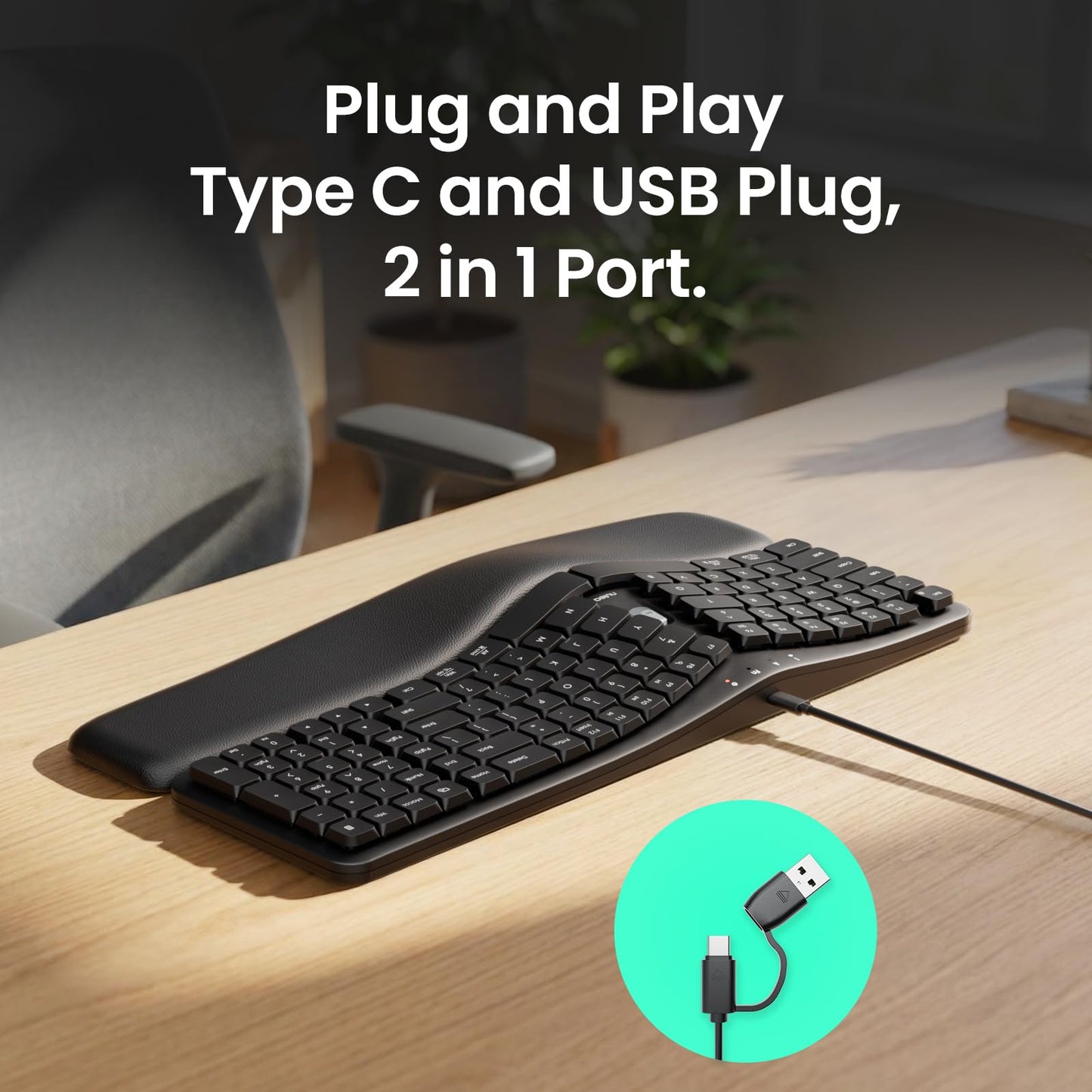 Nulea Ergonomic Split Keyboard, Wired Natural Typing Keyboard with Integrated Palm Rest for Wrist Pain Relief, 2-in-1 Type C&Type A Plug for Mac,Windows,Office & Home,Black
