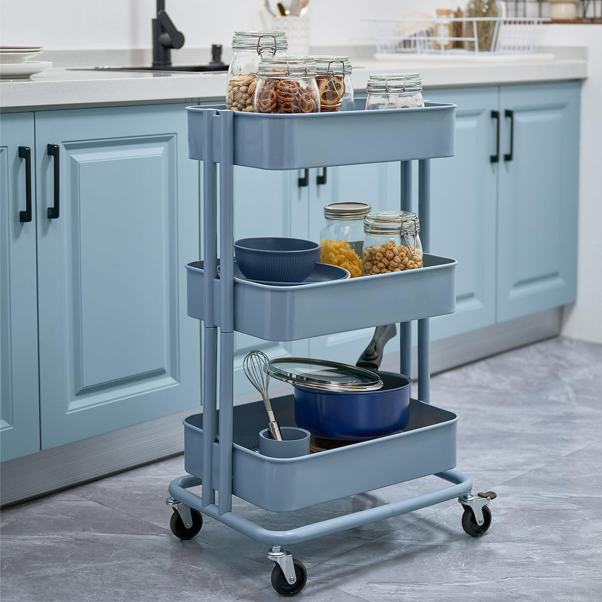 CARTTECH 3 Tier Rolling Cart Metal Heavy Duty Utility Cart with Silent Caster Lockable Wheels Multi-Functional Organization Carts Storage Trolley with Mesh Shelves for Office Kitchen Living Room Blue