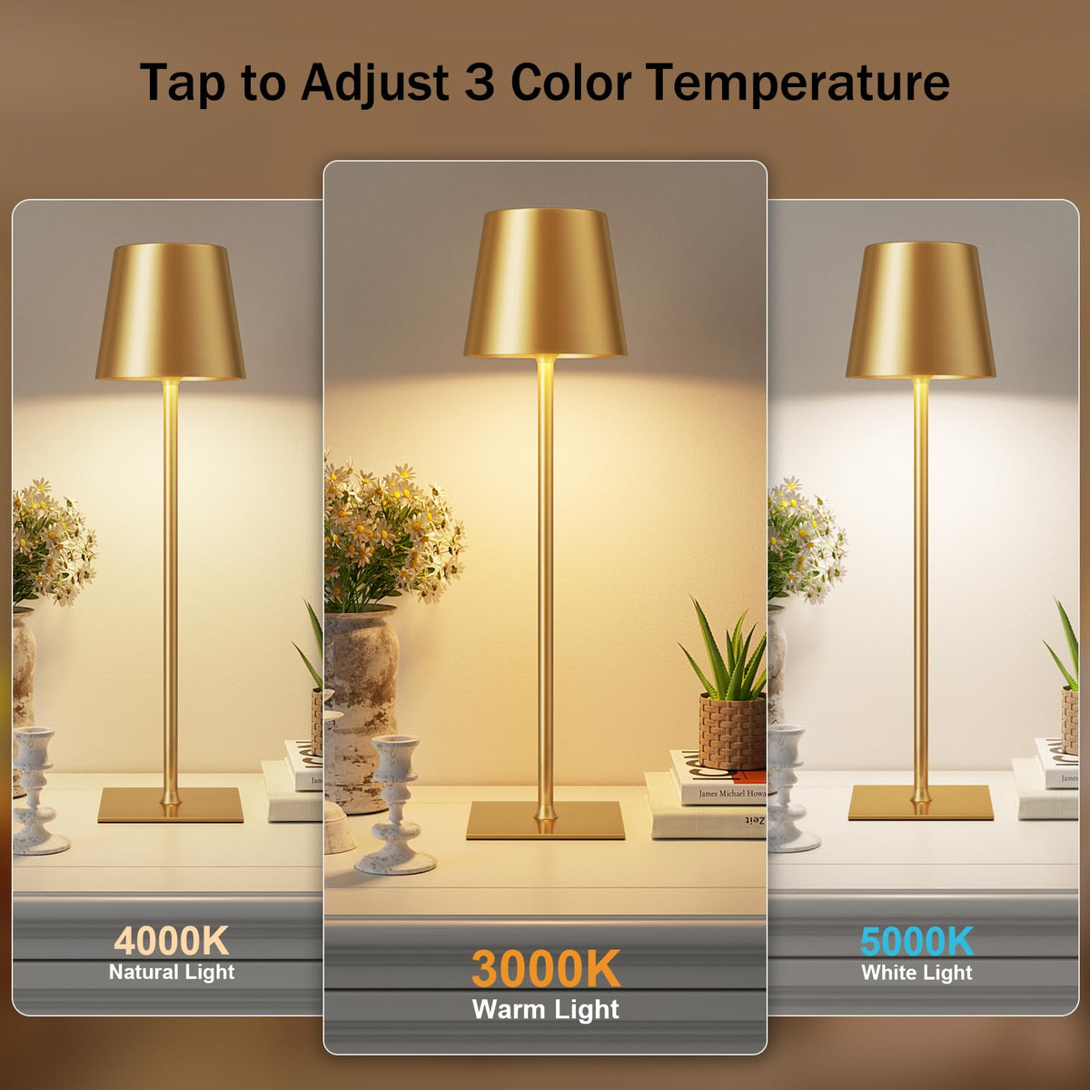 Gold Cordless Rechargeable Table Lamp, 2 Pack Portable Desk Lamp with 5000mAh Battery, Touch Control Stepless Dimming, Wireless Night Light for Dining, Outdoor Camping, Coffee Shop, Water Repellent