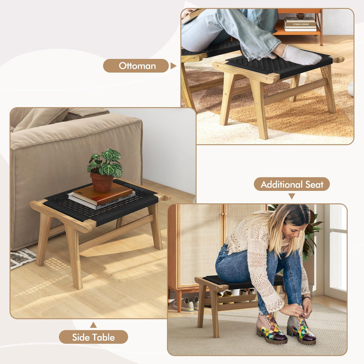 Tangkula Teak Ottoman Footstool, Natural Teak Wood Foot Rest with Handwoven Cordage for Patio, Porch, Balcony, Lawn, Garden, Backyard, Poolside & Deck,Indoor and Outdoor, 14" H (1)