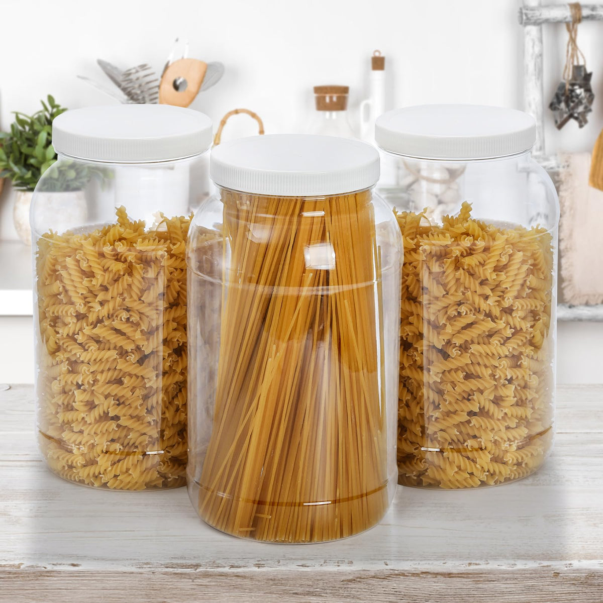 ZOOFOX 2 Pack Plastic Jars with Lids, 1 Gallon Wide Mouth Storage Containers, Empty Plastic Jars for Kitchen & Household Storage of Dry Goods, Peanut, Candy, Noodles