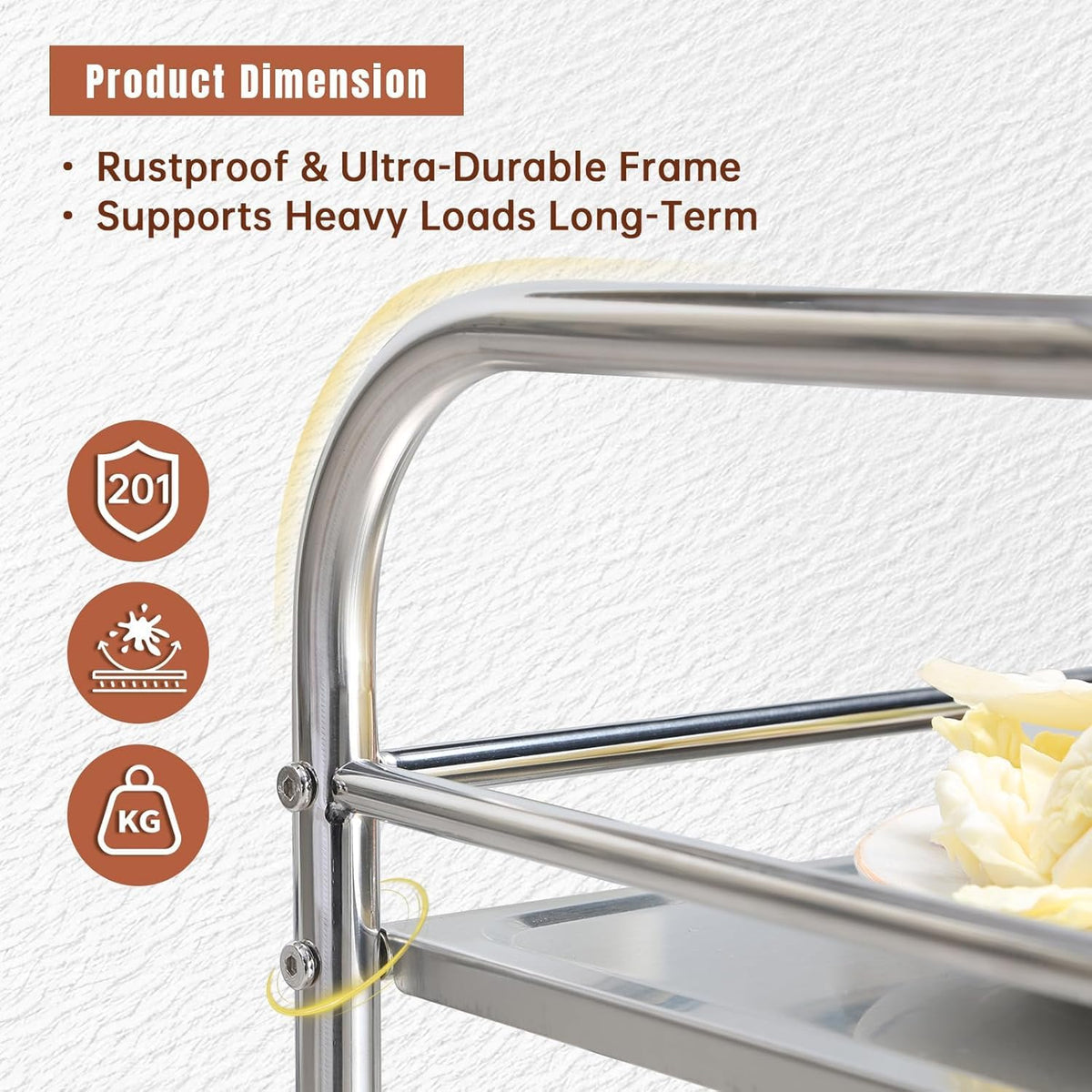 Stainless Steel Utility Cart - 3-Tire Metal Rolling Small Service Cart on Wheels for Salon Labs Clinic - Flat Top Kitchen Storage Organizer Shelf Trolley for Livingroom Office