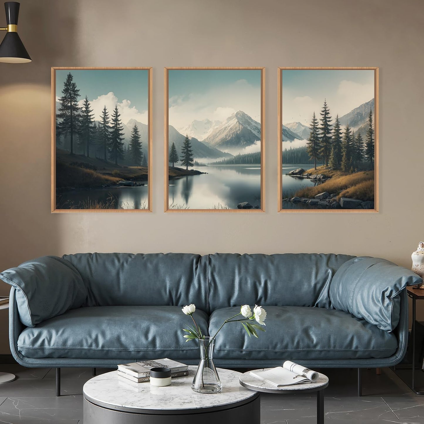 LHIUEM Large Mountain Misty Forest Framed Canvas Wall Art,Nature Ridge Foggy Wall Decor,Snow Lake Woodland Wall Painting,Pine Tree Artwork for Living Room,Bedroom,Dining Room,Office -16"x24"x3