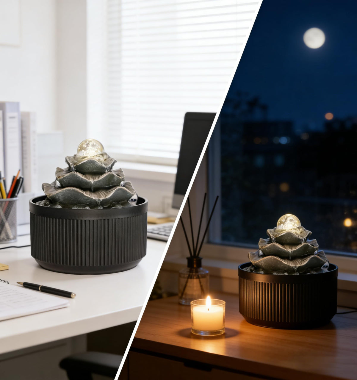 Indoor Tabletop Water Fountain - 3-Tier Lotus Leaf Design Waterfall with Warm Glowing LED & Rotating Ball, Zen Home Decor for Living Room Bedroom, Unique Housewarming Gift Idea