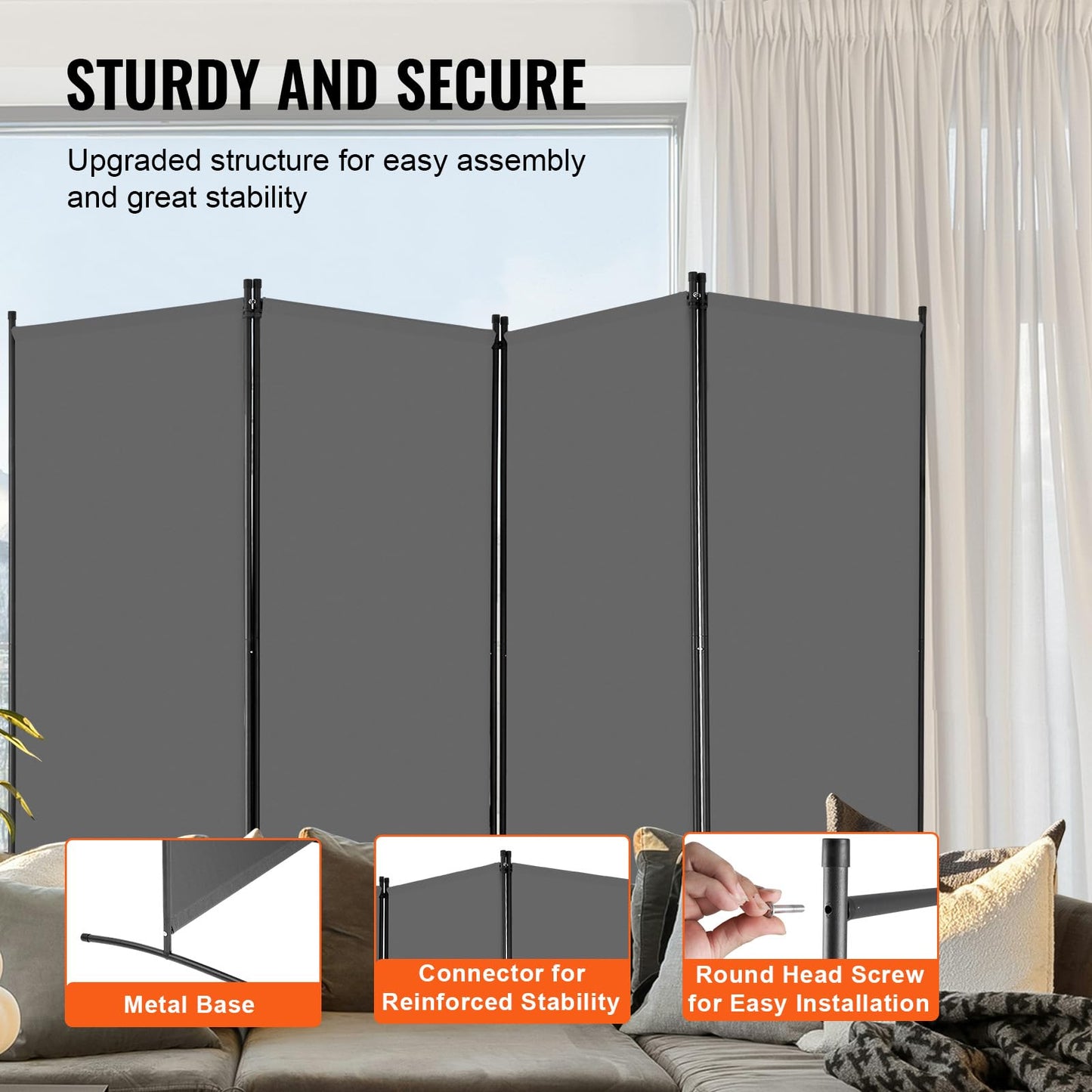 VEVOR Room Divider, 4 Panel Room Divider, 136" W Folding Privacy Screen and Portable Partition Divider for Room Separation, Freestanding Room Partitions for Office, Bedroom, Study, Grey