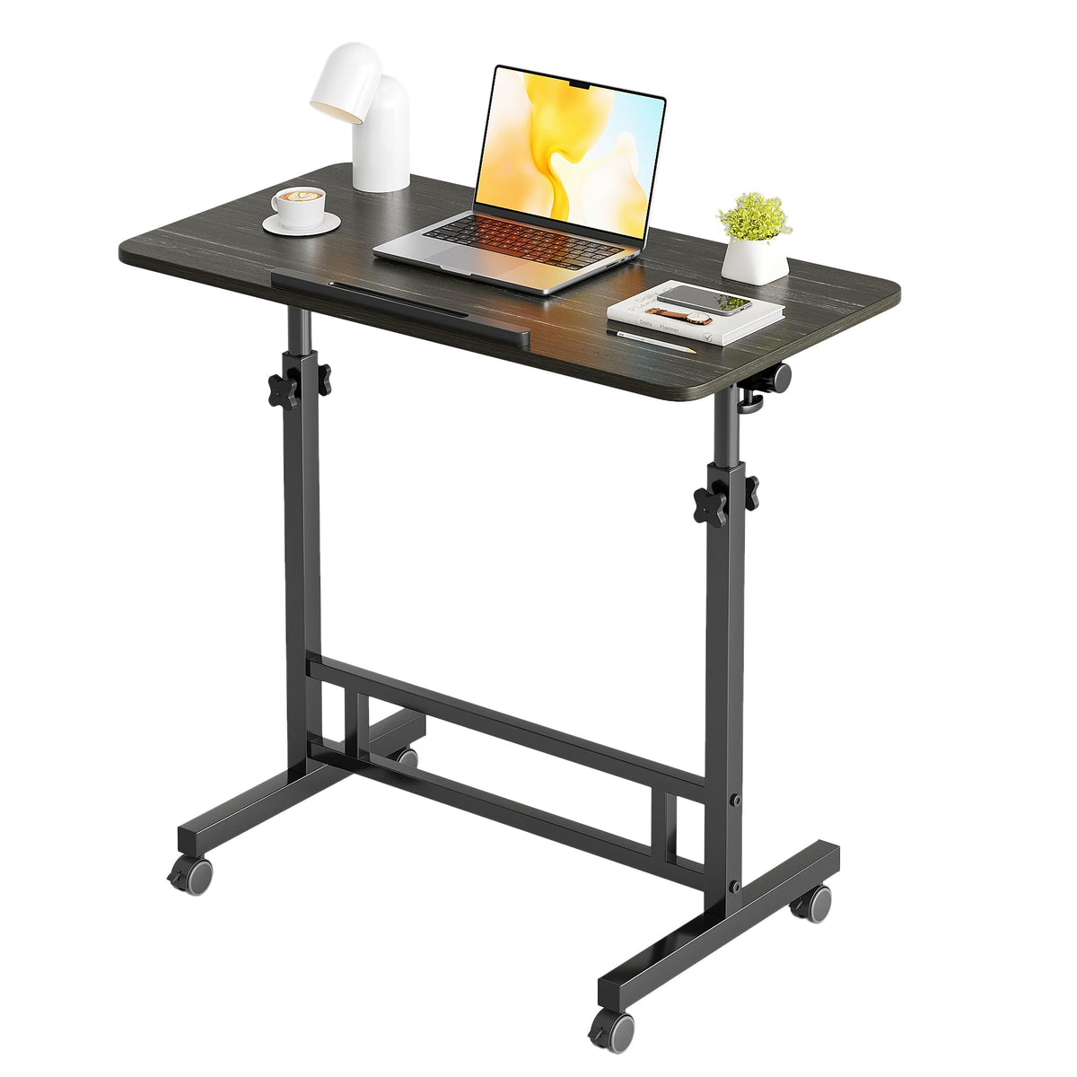 Furist Small Standing Desk Adjustable Height 32 Inch Mobile Sit Stand up Desk Portable Rolling with Wheels Standing for Walking pad Treadmill Black