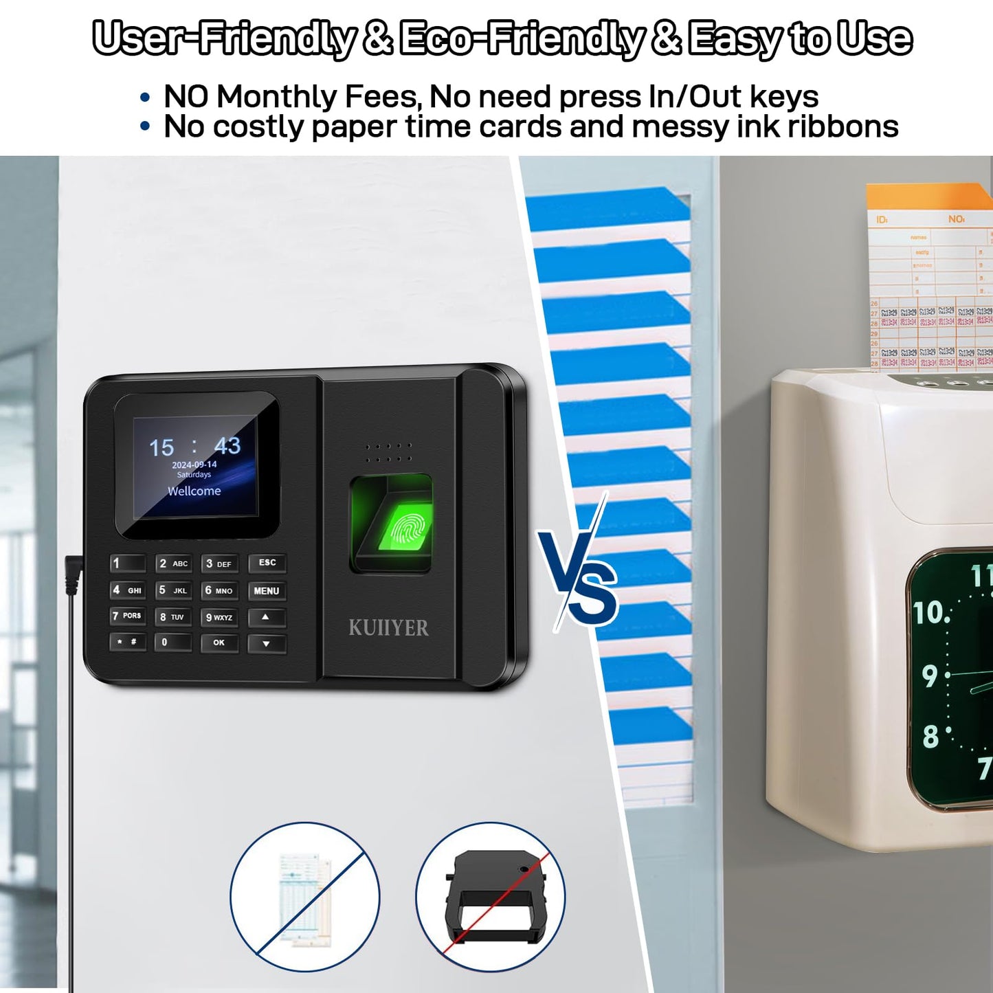 KUIIYER 2 in 1 Employees Time Clocks for Small Business (Fingerprint + Password) Employee Clock in & Out Machine Biometric Attendance Punch Clock Recorder Tracker (No Monthly Fee)