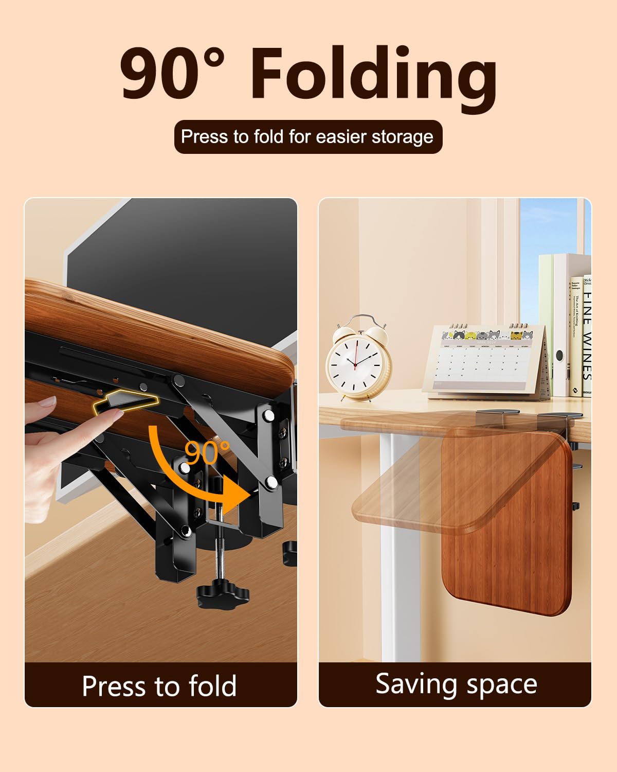 nediea Ergonomic Desk Extender Tray, 8.2"x7.6" Table Mount Arm Wrist Rest Shelf, 90° Foldable Elbow Support, Clamp on Computer Arm Rest for Desk, Office & Home Use, Wood