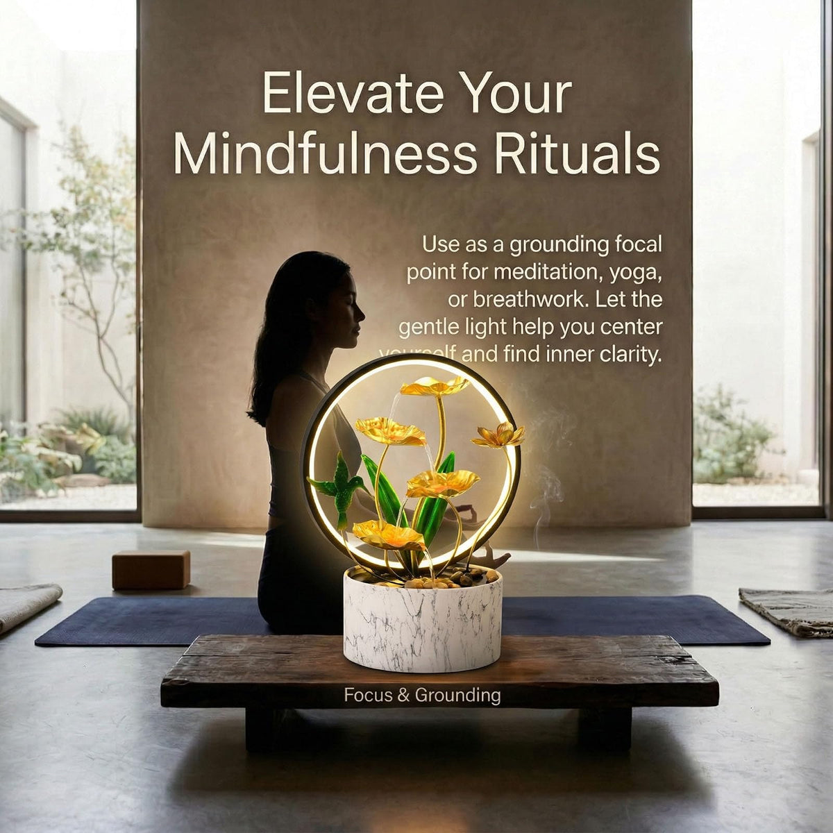 Romway 15" H Indoor Modern Tabletop Water Fountain LED Light, Yoga Meditation Room Mother's Day Decor Lotus Flower Floor-Standing Fountain