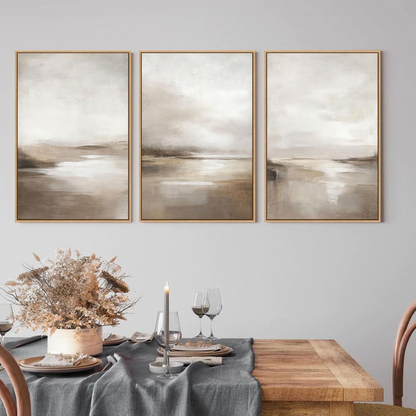 SAFERRYHOME Neutral Abstract Framed Wall Art - Minimalist Modern Nordic Calm Canvas Print Set, Landscape Shapes Earth Tone Illustrations Decor for Living Room, Bedroom - 3 Panels 16x24 Inch