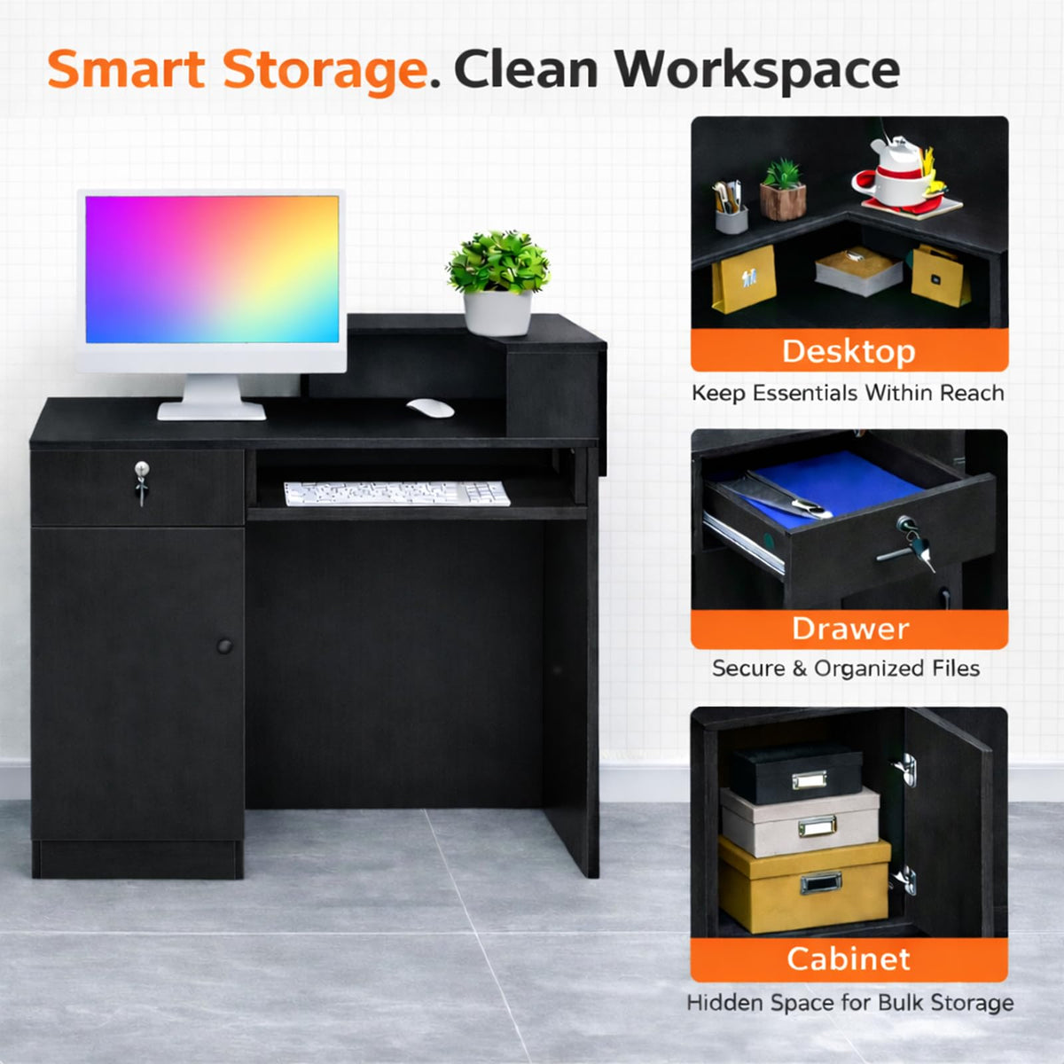 GRGECXZ Modern Reception Desk with Storage Drawer & Counter Shelf, 39.4" Front Counter Reception Table for Office, Salon, Lobby, Retail Store (Black, Right Table)