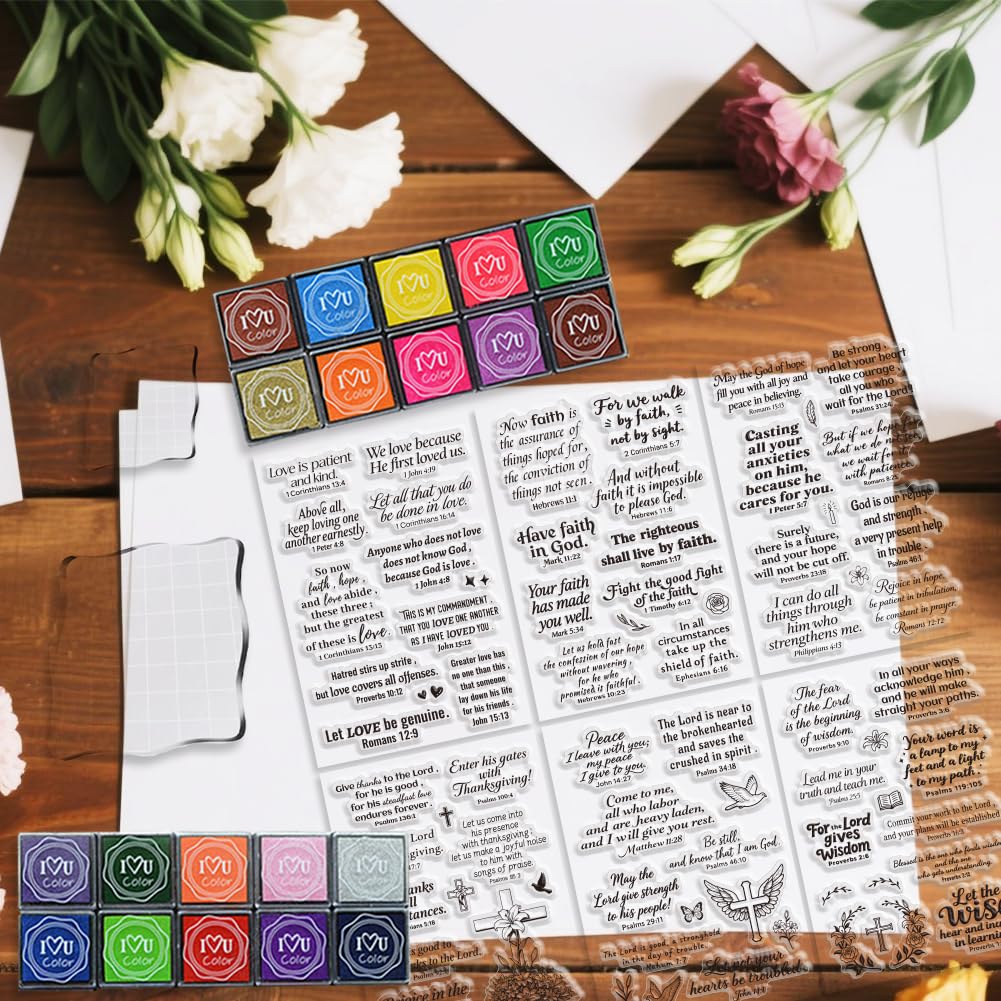 GLASSWINDS 6Pcs Christian Bible Verse Clear Stamps for Card Making Easter Blessing 20 Craft Ink Pad 3 Acrylic Stamp Block Silicone Stamp with Greeting Words Rubber Stamps for Crafting DIY Scrapbooking
