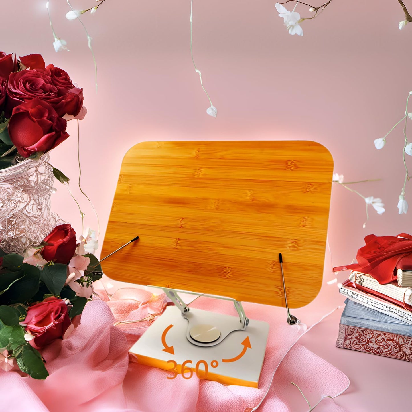 (15.4 x 11 Inches) Large Bamboo Book Stand for Reading Books with 360° Rotating Bases Adjustable Book Holder Tray for Large Textbook Magazine Hands Free in Bed,Textbook Stand,Cookbook Stand