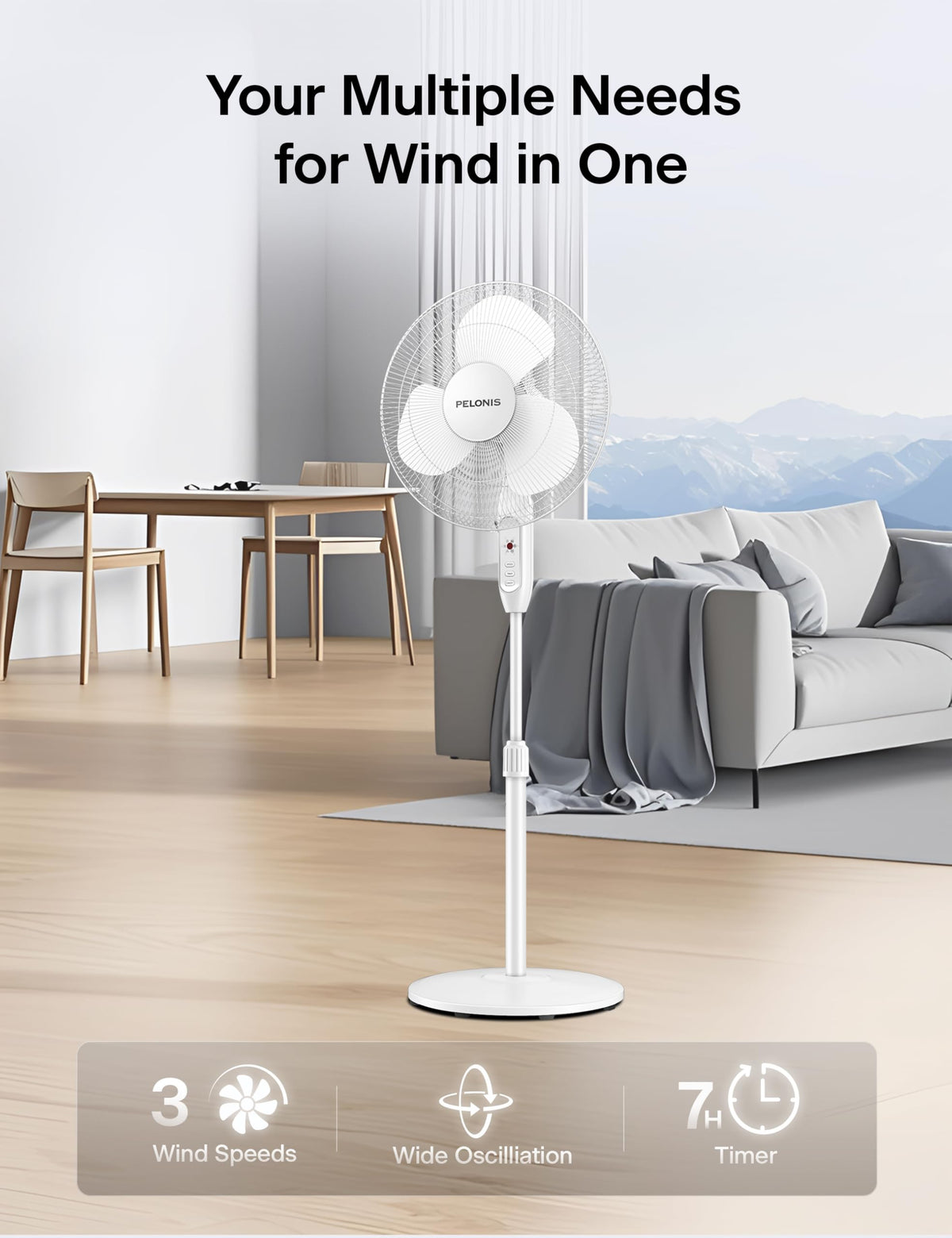 PELONIS 16'' Pedestal Fan for Bedoom with Remote, Upgraded, Standing Fan with 7-Hour Timer, 90° Oscillation, 3-Speeds, Adjustable Height, Electric Cooling Fans for Living Room and Office