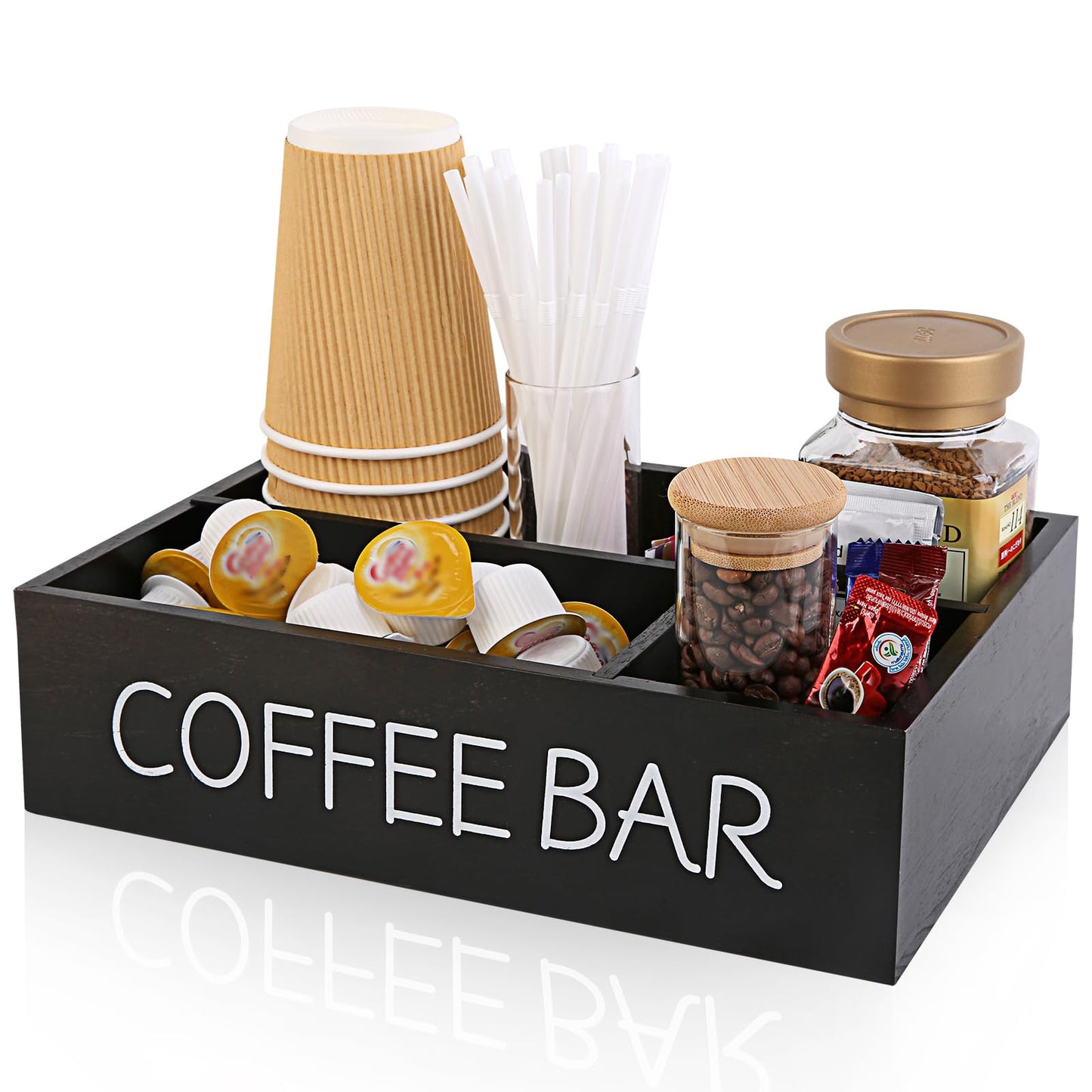 SLLPL Coffee Bar Organizer – Wooden Coffee Station with 4 Compartments, Removable Dividers, and Condiment Storage for Home & Office