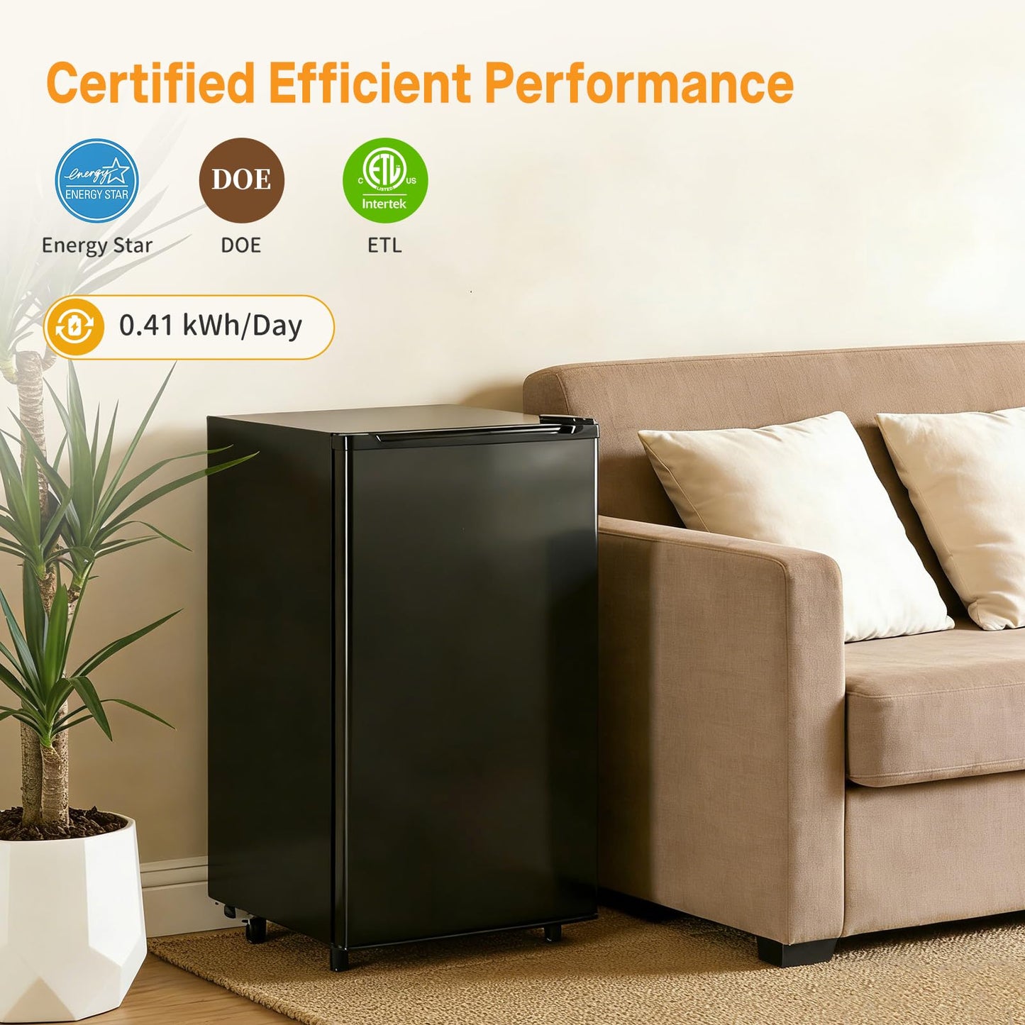 KMFurnila Mini Fridge with Freezer, 3.2 Cu.Ft Mini Refrigerators, Small Beverage Fridge with Adjustable Thermostat, for Bedroom, Office, Dorm, Single Door, Quiet & Energy Saving, Black