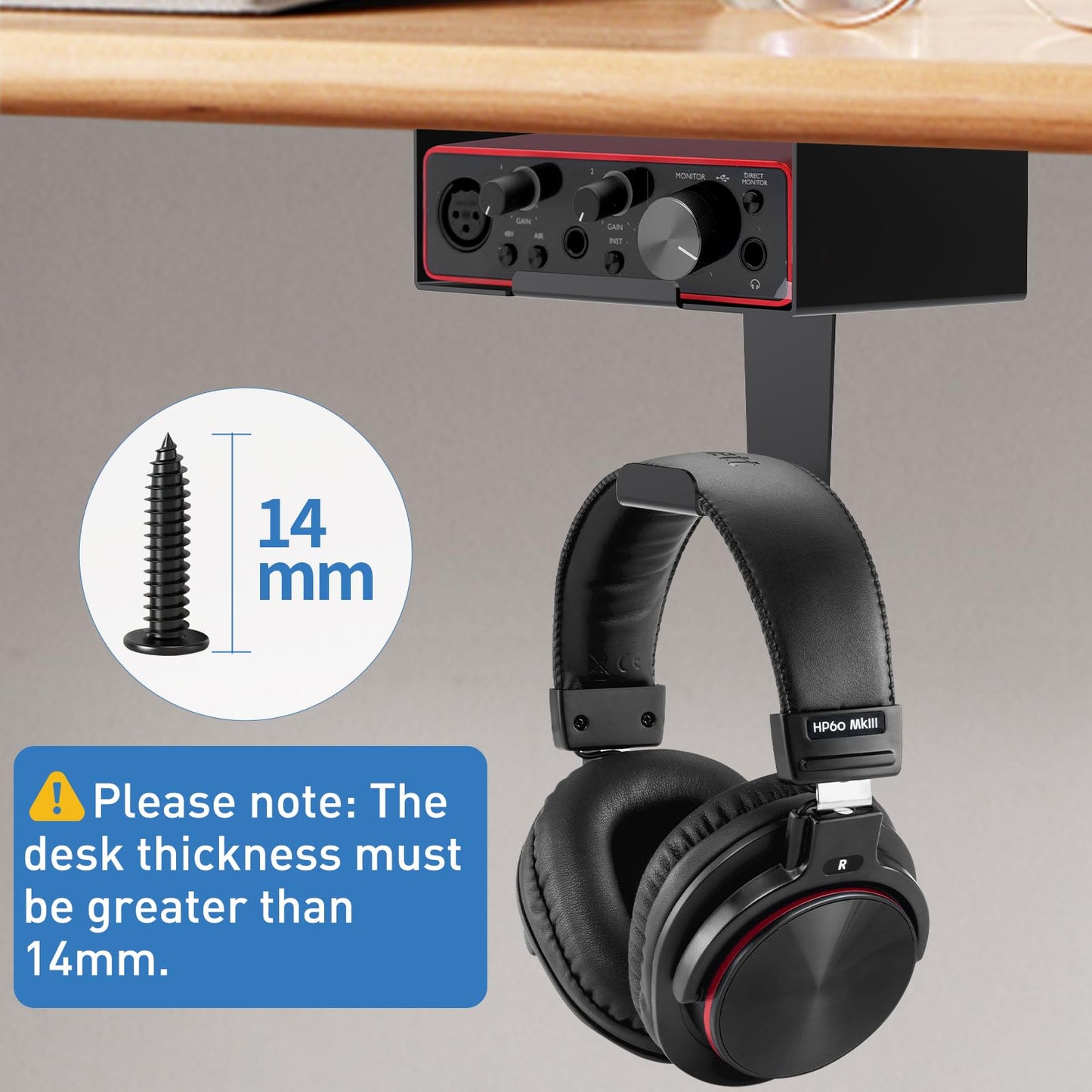 FSNIWEKO Under Desk Mount for Focusrite Scarlett Solo 3rd Gen/Solo 4th Gen with Headphone Hanger Stand,Under Desk Metal Shelf Organizer for Audio Interfaces and Studio Gear (Black Holder Only)
