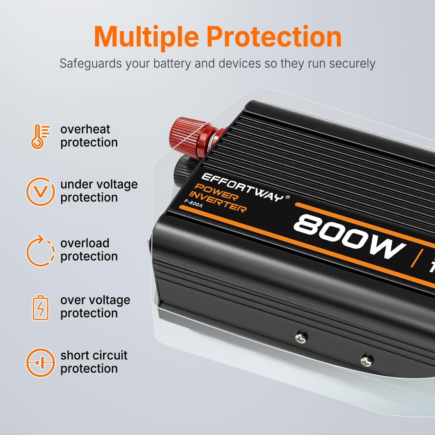 EFFORTWAY 800W Power Inverter, Inverter 12V to 110V with 2 AC Outlets, 2.1A USB Port, Car Power Inverter with Alligator Battery Clamp for Phone, Laptop on Camping, Road Trip