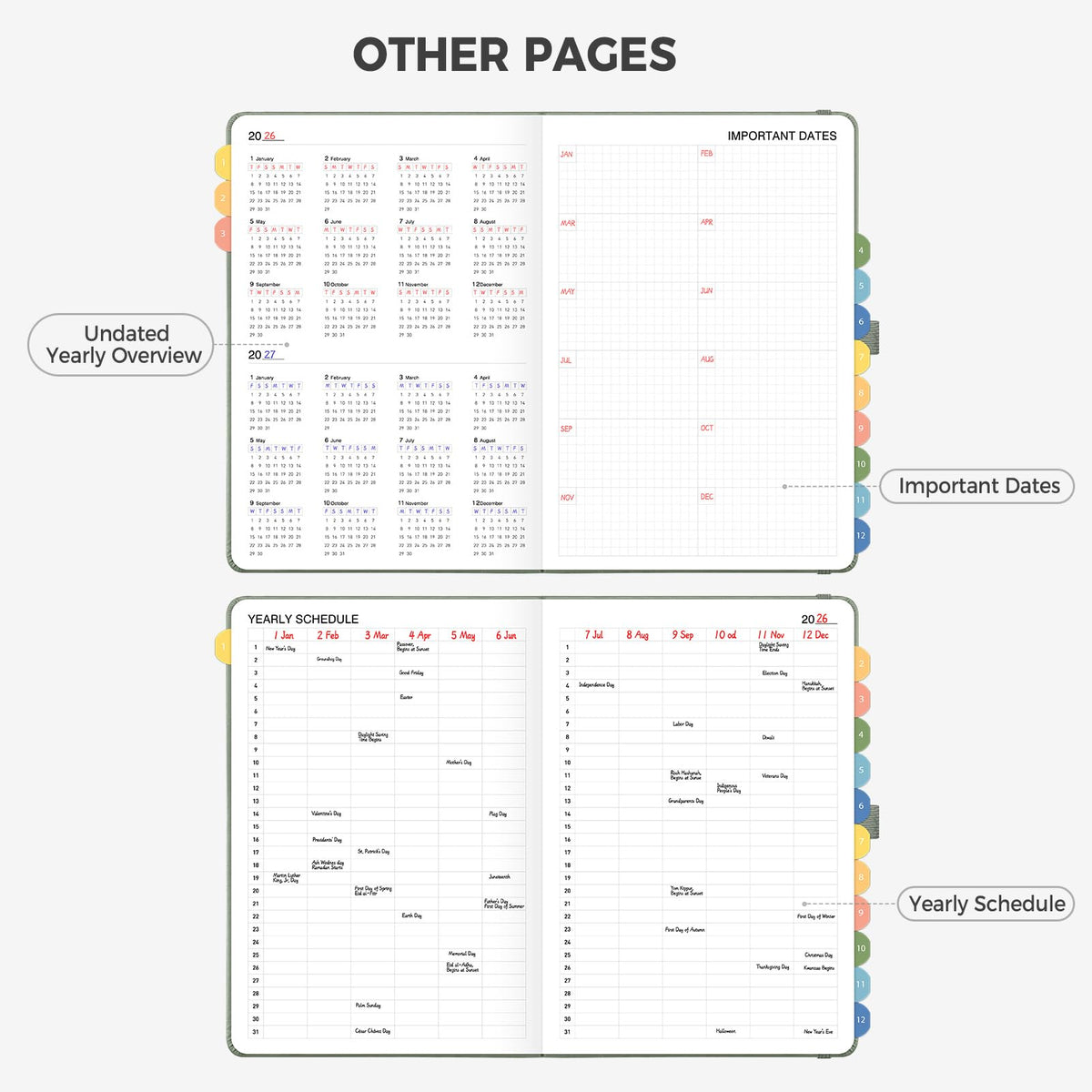 LOAPEM Undated Appointment Book, Hourly, Daily, 52 Weekly & 12 Monthly Planner, 6 AM - 8 PM, Medium Size (5.7" x 8.3"), Leather Hardcover, 12 Self-adhesive Monthly Tabs (Light Green)