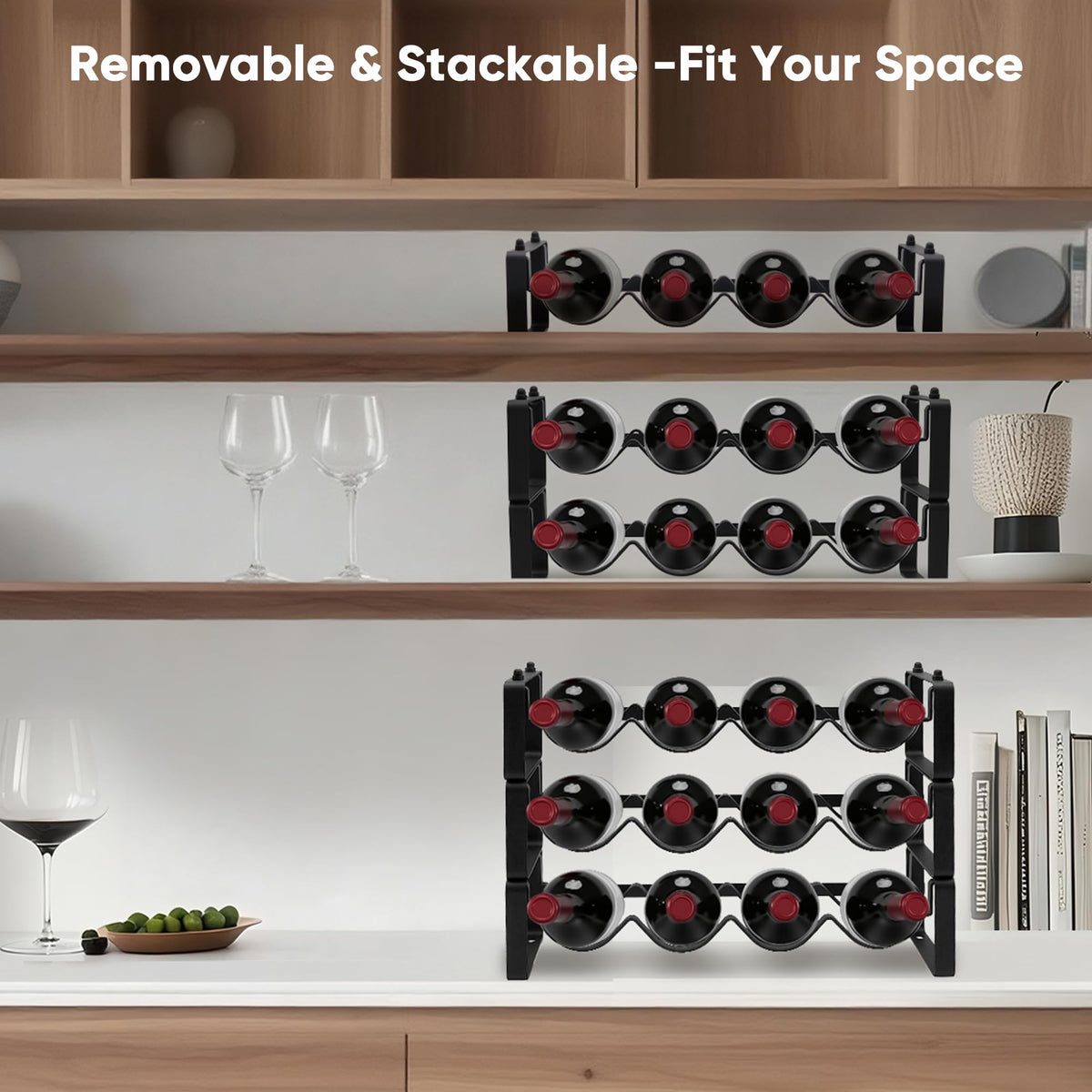 HRUSGO Wine Rack for Countertop – Stackable Freestanding Bottle Organizer for Kitchen, Pantry, Bar Cabinet & Small Spaces – Compact Metal Shelf & Modular Storage Stand (3-Tier)