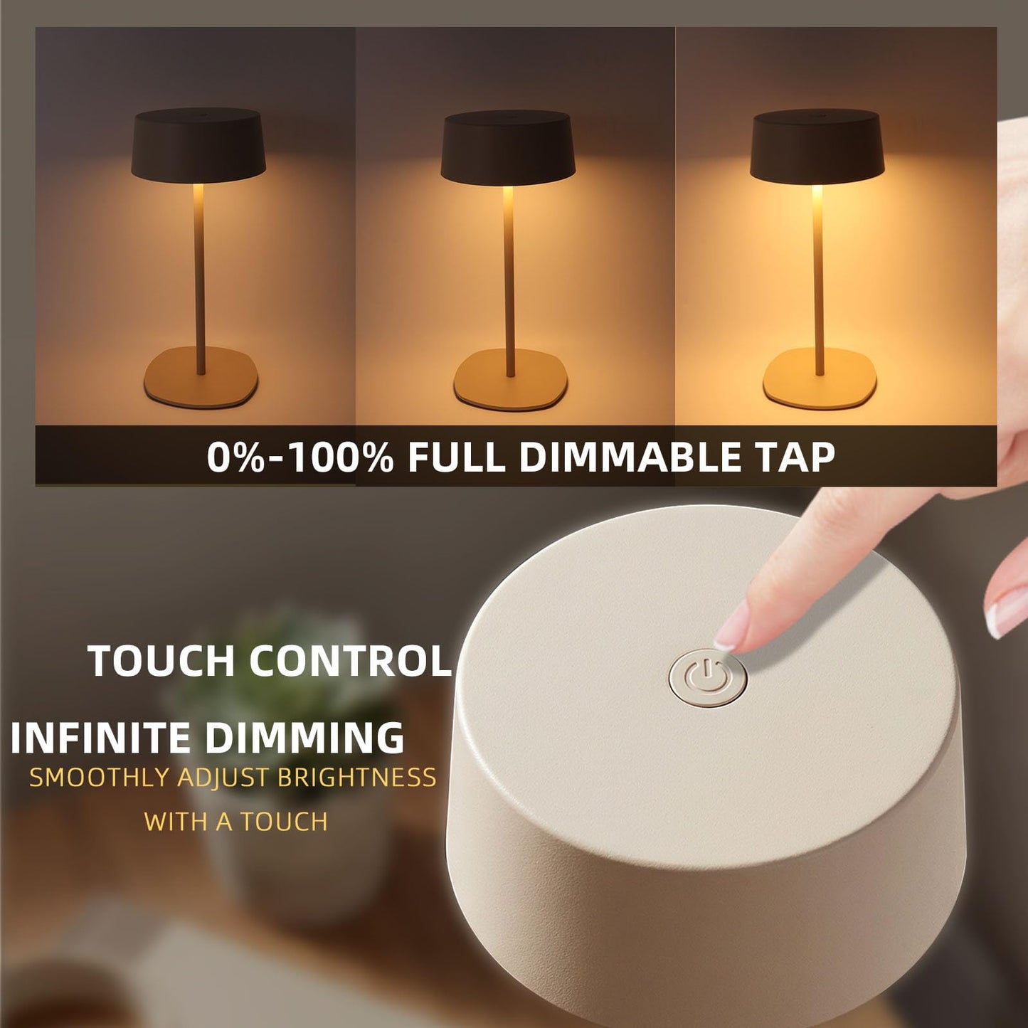 BHOTL Rechargeable Table Lamp, Cordless Touch Control Bedside Lamp – 2700K Warm LED, Stepless Dimmable, USB-C Charging, Small Modern Nightstand Desk Lamp with Non-Slip Base, Beige