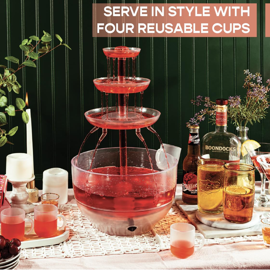 Kusini Drink Fountain for Parties - 1.5 Gal, 3 Tier Punch Bowl Drink Tower, LED Base, 4 Reusable Cups - Drink Dispenser Machine for, Juice, Punch, Pani Puri Fountain for Party Hosting Supplies