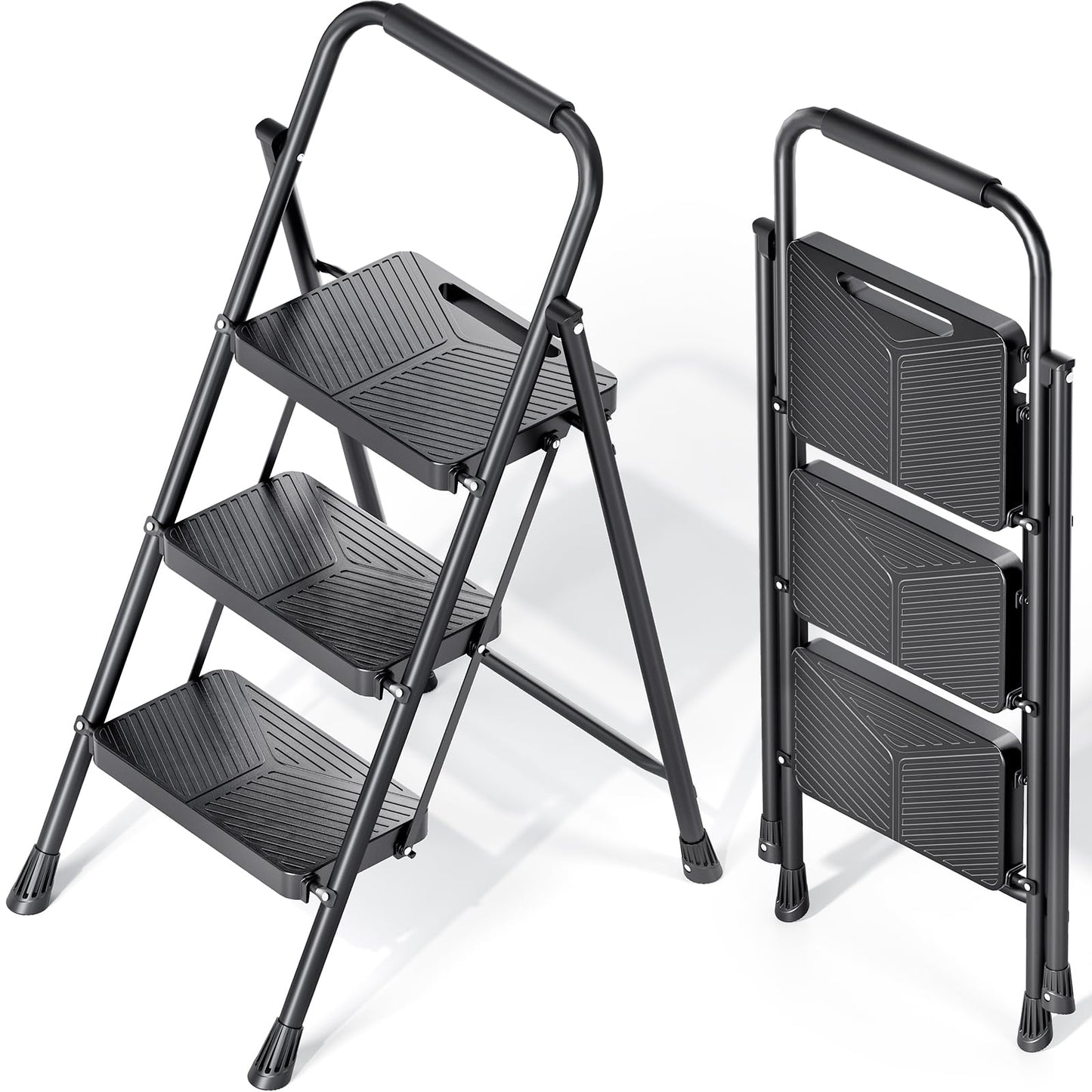 KINGRACK 3 Step Ladder, Folding Step Stool with Safe-Lock Design, 500 lbs Sturdy Steel Ladder with Wide Anti-Slip Pedal, Convenient Handrail for Household and Kitchen, Black