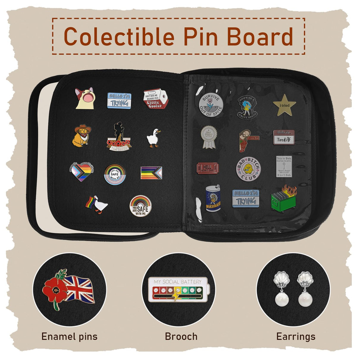 FR Enamel Pin Display Book with 6 Pages, Detachable Binder Case Holds 250+ Pins, Travel Storage Bag with Protective Film for Lapel Pins, Brooches, Badges Collection (Black)