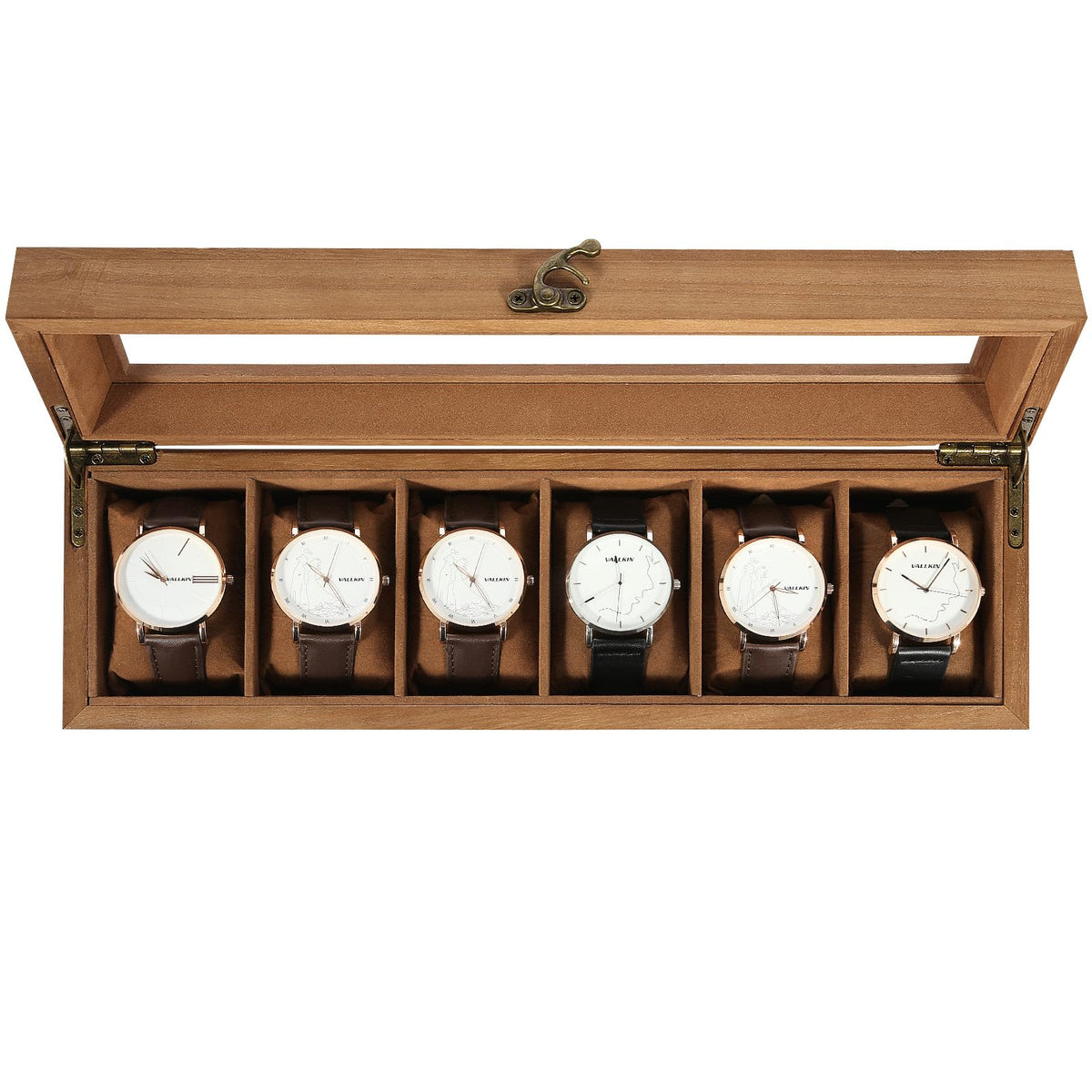 Uten Solid Wood Watch Box, 6 Slot Watch Case with Soft Pillow, Watch Display Case with Glass Lid, Watch Holder Organizer, Watch and Jewelry Storage, Gift Ideas, Brown