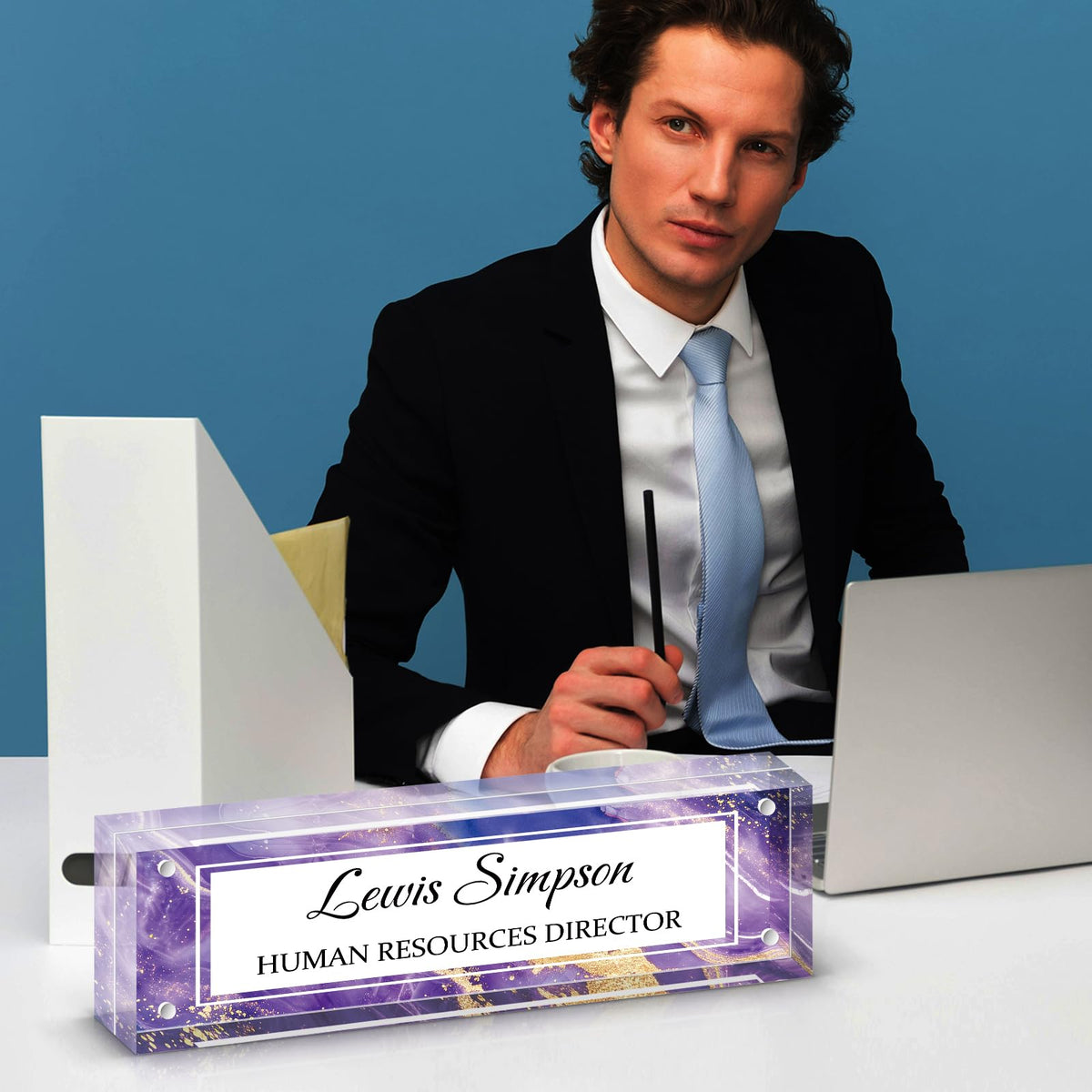 HETOOSHI Desk Name Plate Personalized, Desk Double sided pattern Name Plate Personalized Office Desk Decor for Women and Men , Teacher Nurse Boss Employee Appreciation Gifts (Purple marble, fixed pattern)