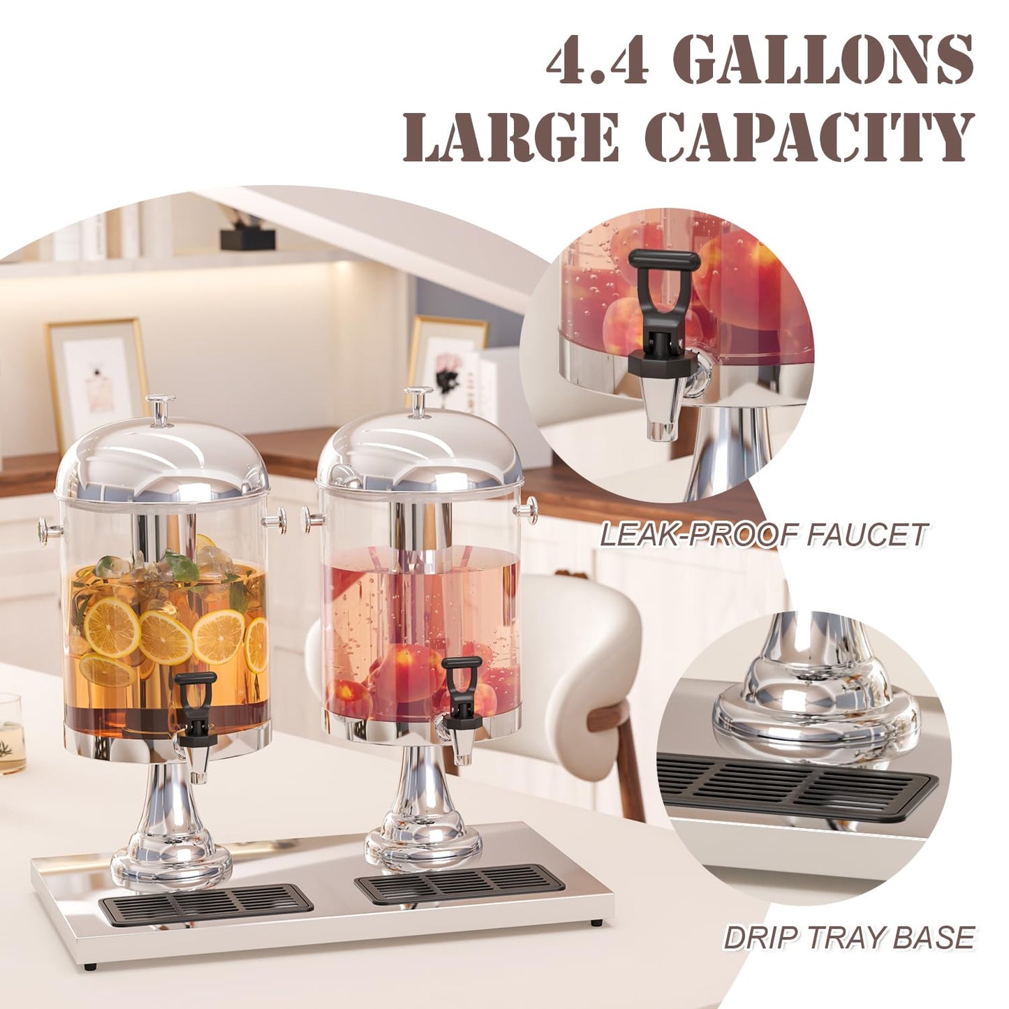 GOOFCXO Beverage Dispensers, 4.4 Gallon/16-L Commercial Beverage Dispenser Cold Drink Dispenser Stainless Steel Drink Dispensers with Centre Ice Core and Stand Drip Trays for Parties Pub Cafeteria