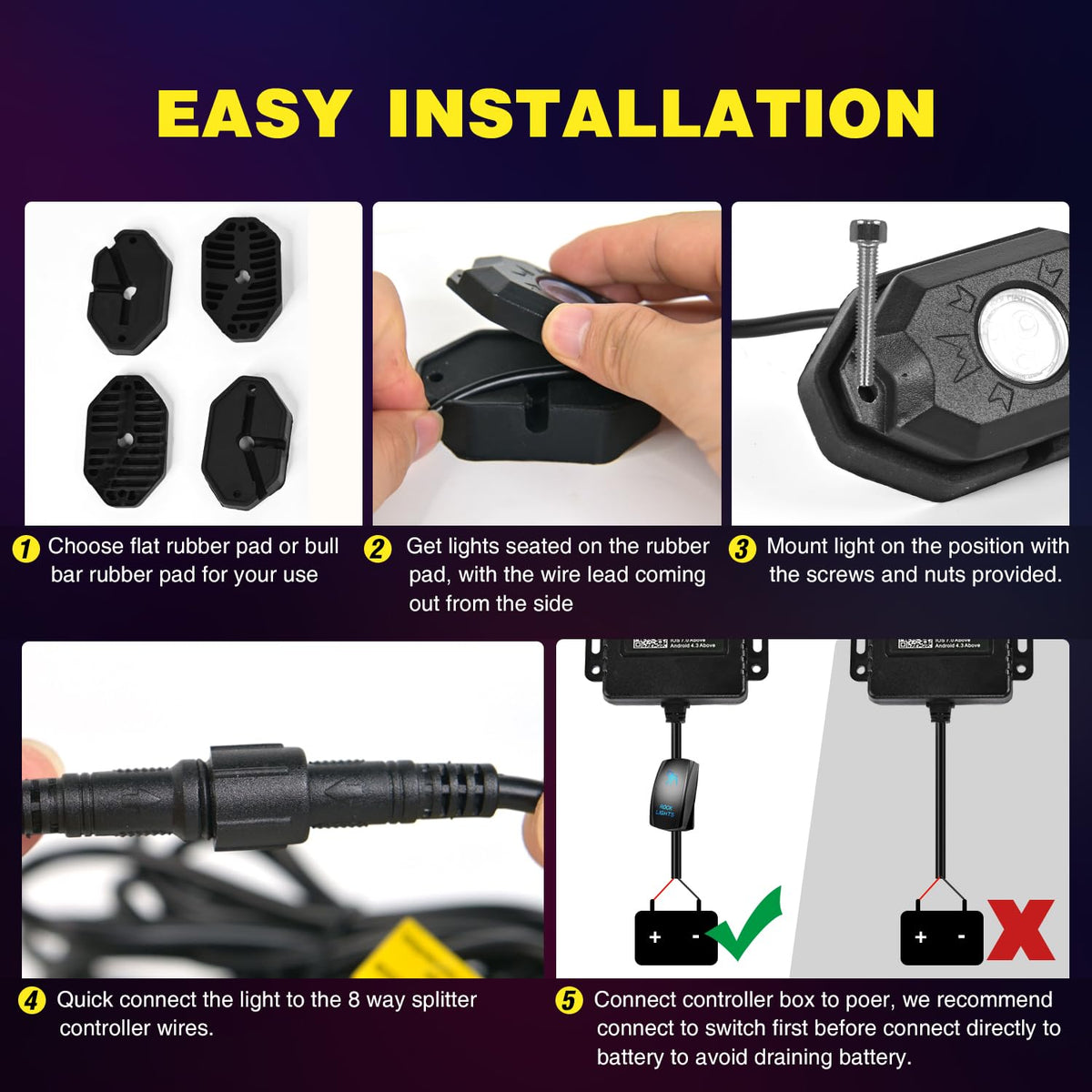 Nilight RGB LED Rock Lights Kit, 6 pods Underglow Multicolor Neon Pod with Bluetooth App Control Flashing Music Mode IP68 Exterior Wheel Well Light for Truck ATV UTV RZR SUV