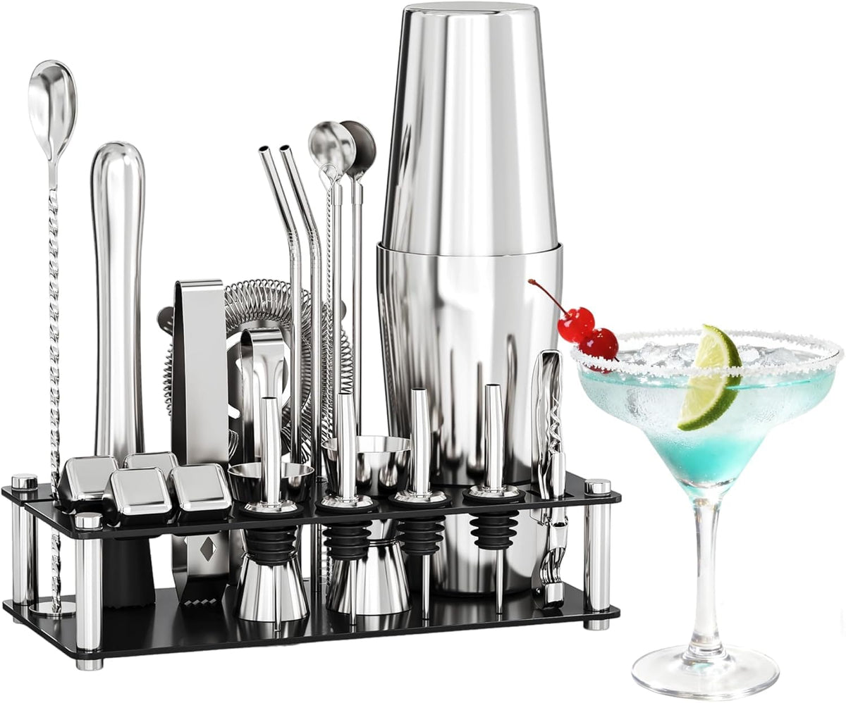 EffiQ-Rate 24 Piece Professional Boston Shaker for Cocktails, Stainless Steel Bar Kits for Bartender with Acrylic Stand, All Essential Bar Tools for Home, Party, Mixing Drinks, Silver