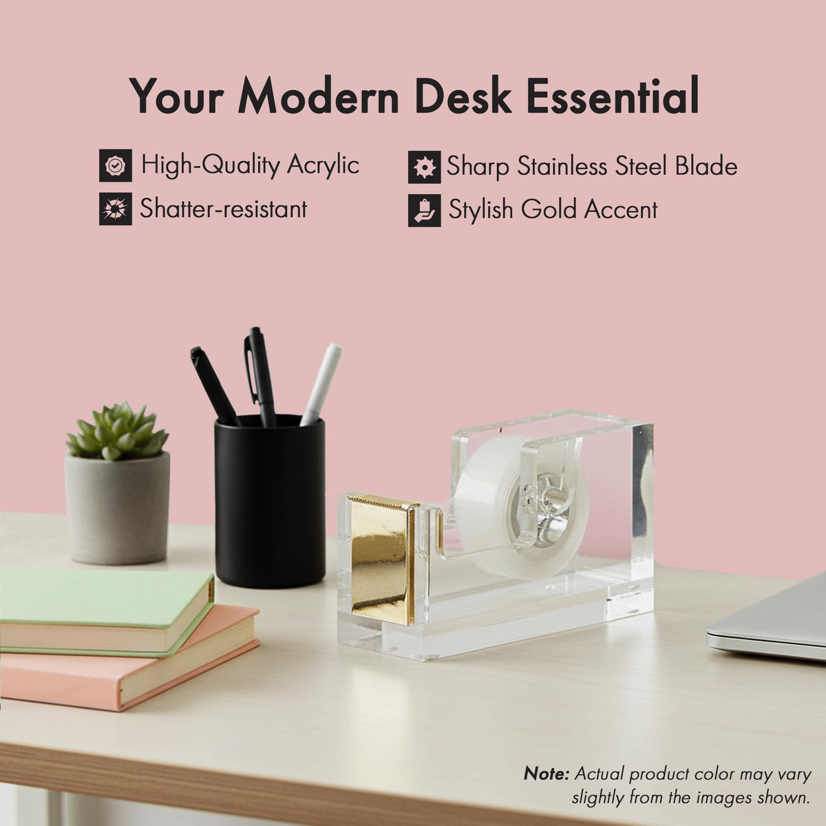 OfficeGoods Acrylic Tape Dispenser – Modern Desk Organizer for Office Supplies, Heavy Duty Refillable Tape Holder for Home and School Crafting, Stylish Desktop Accessory for Gift Wrapping, Gold